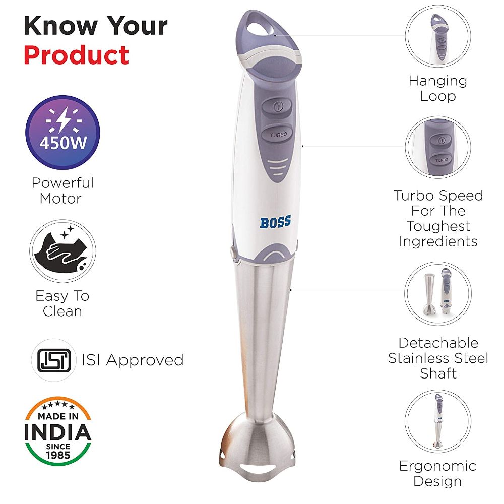 BOSS Quickmix 450 Watt 2 Speed Hand Blender with 4 Attachments (Detachable Metal Foot, White) BOSS Quickmix 450 Watt 2 Speed Hand Blender with 4 Attachments (Detachable Metal Foot, White)_9