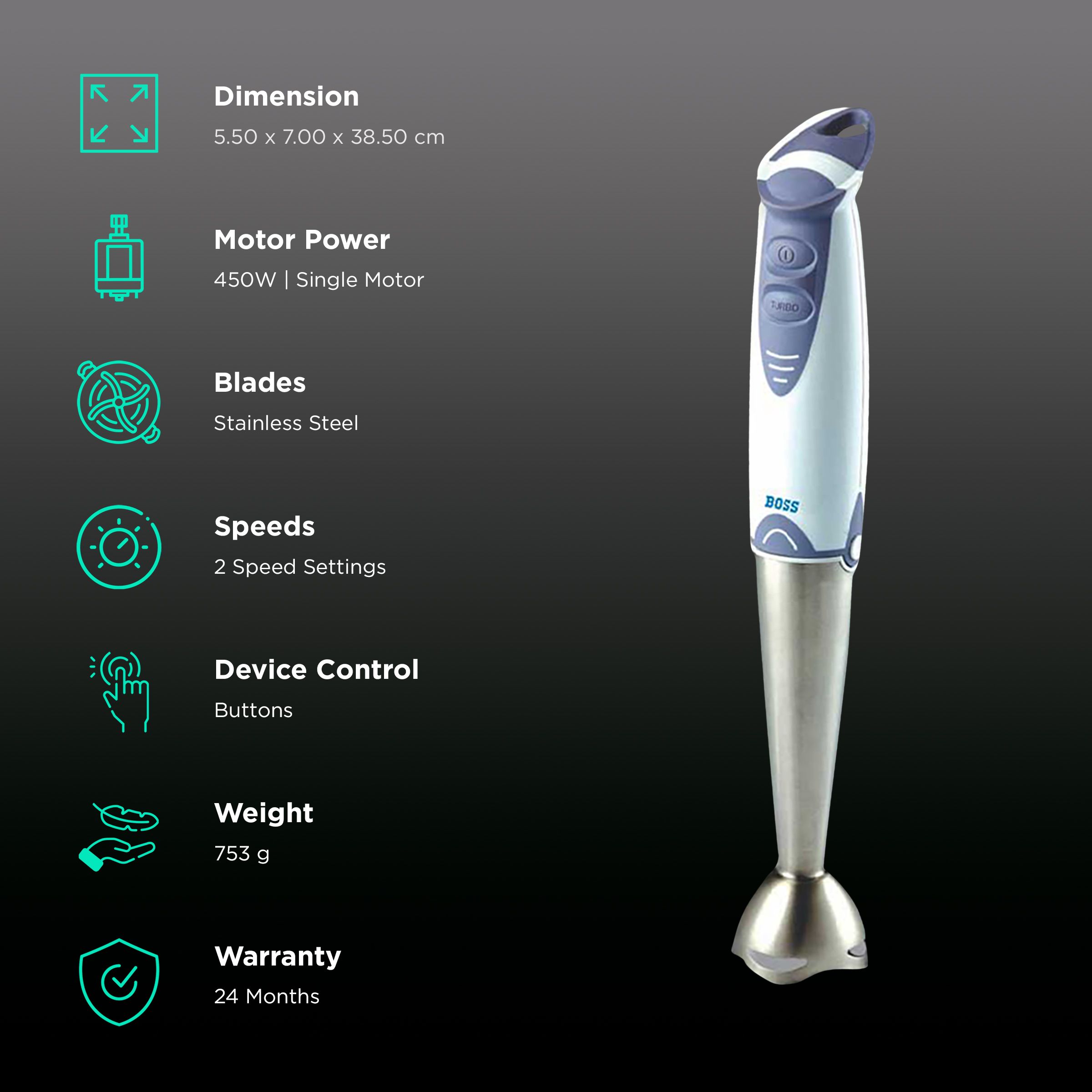 BOSS Quickmix 450 Watt 2 Speed Hand Blender with 4 Attachments (Detachable Metal Foot, White) BOSS Quickmix 450 Watt 2 Speed Hand Blender with 4 Attachments (Detachable Metal Foot, White)_2