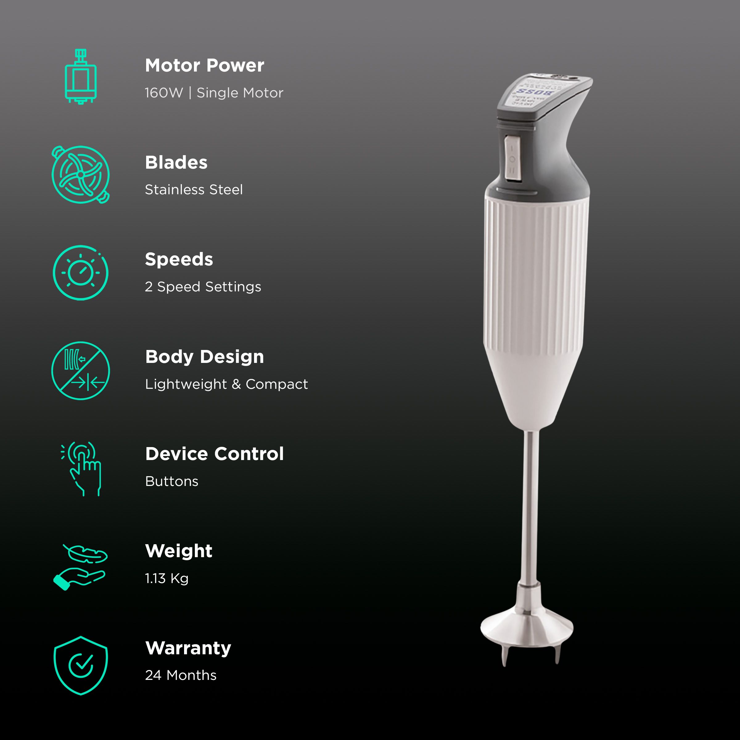 BOSS B121 160 Watt 2 Speed Hand Blender with 3 Attachments (Ergonomic Design, Twin Grey) BOSS B121 160 Watt 2 Speed Hand Blender with 3 Attachments (Ergonomic Design, Twin Grey)_2
