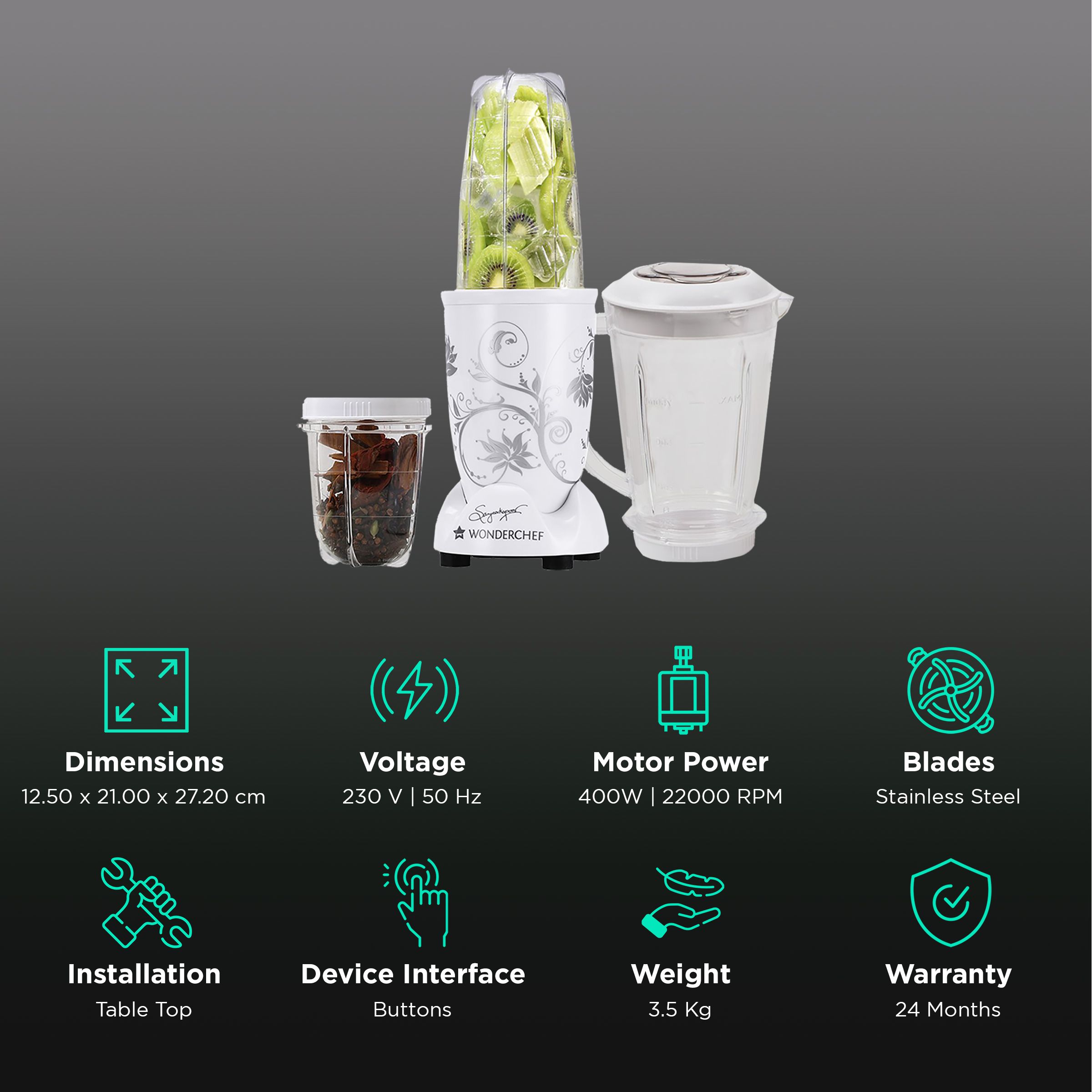 WONDERCHEF Nutri-Blend 400 Watt 3 Jars Mixer Grinder Blender (22000 RPM, All-In-One System, White)_2
