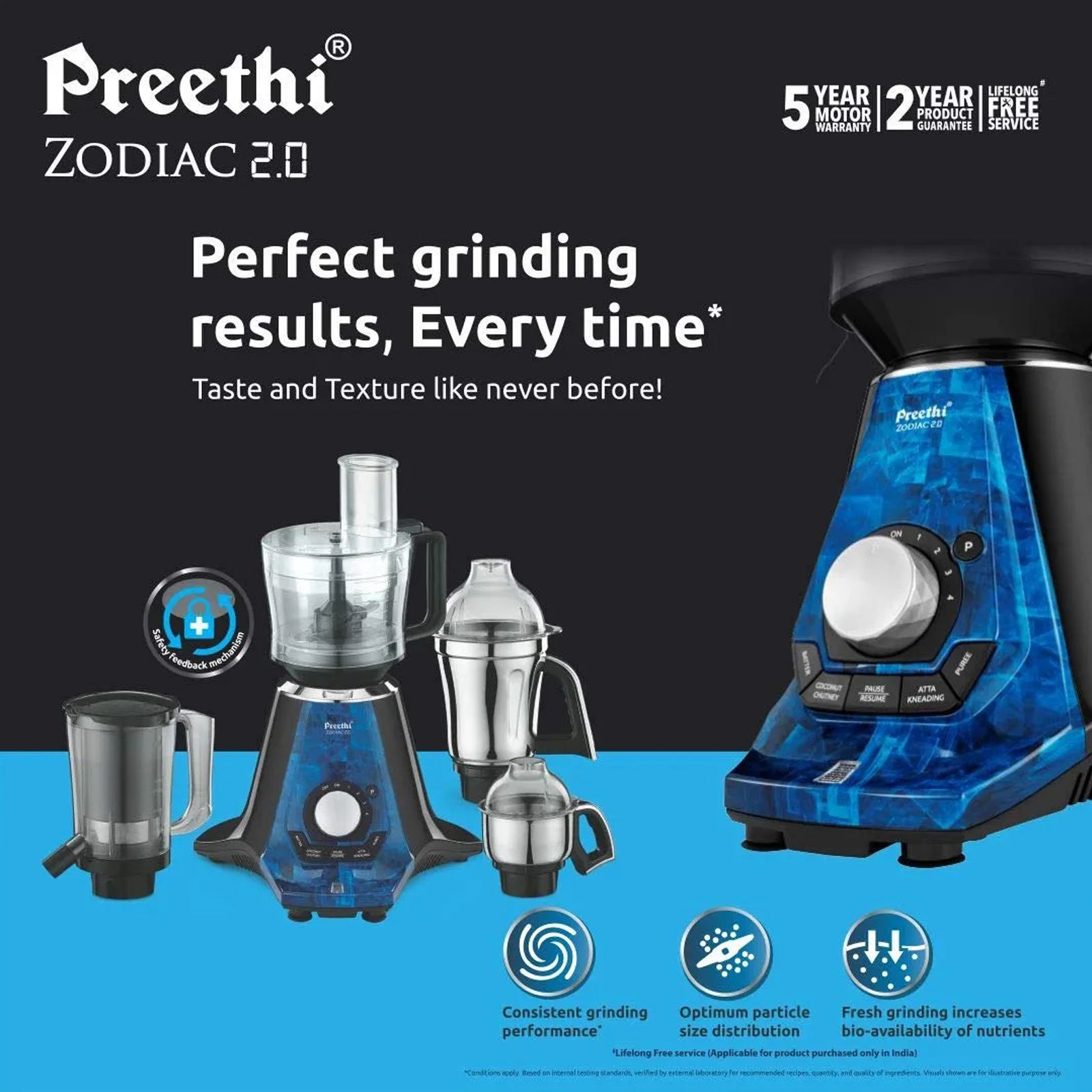 Preethi Zodiac 2.0 750 Watt 4 Jars Juicer Mixer Grinder (19000 RPM, 3-In-1 Insta Fresh Juicer Jar, Black/Blue) Preethi Zodiac 2.0 750 Watt 4 Jars Juicer Mixer Grinder (19000 RPM, 3-In-1 Insta Fresh Juicer Jar, Black/Blue)_5