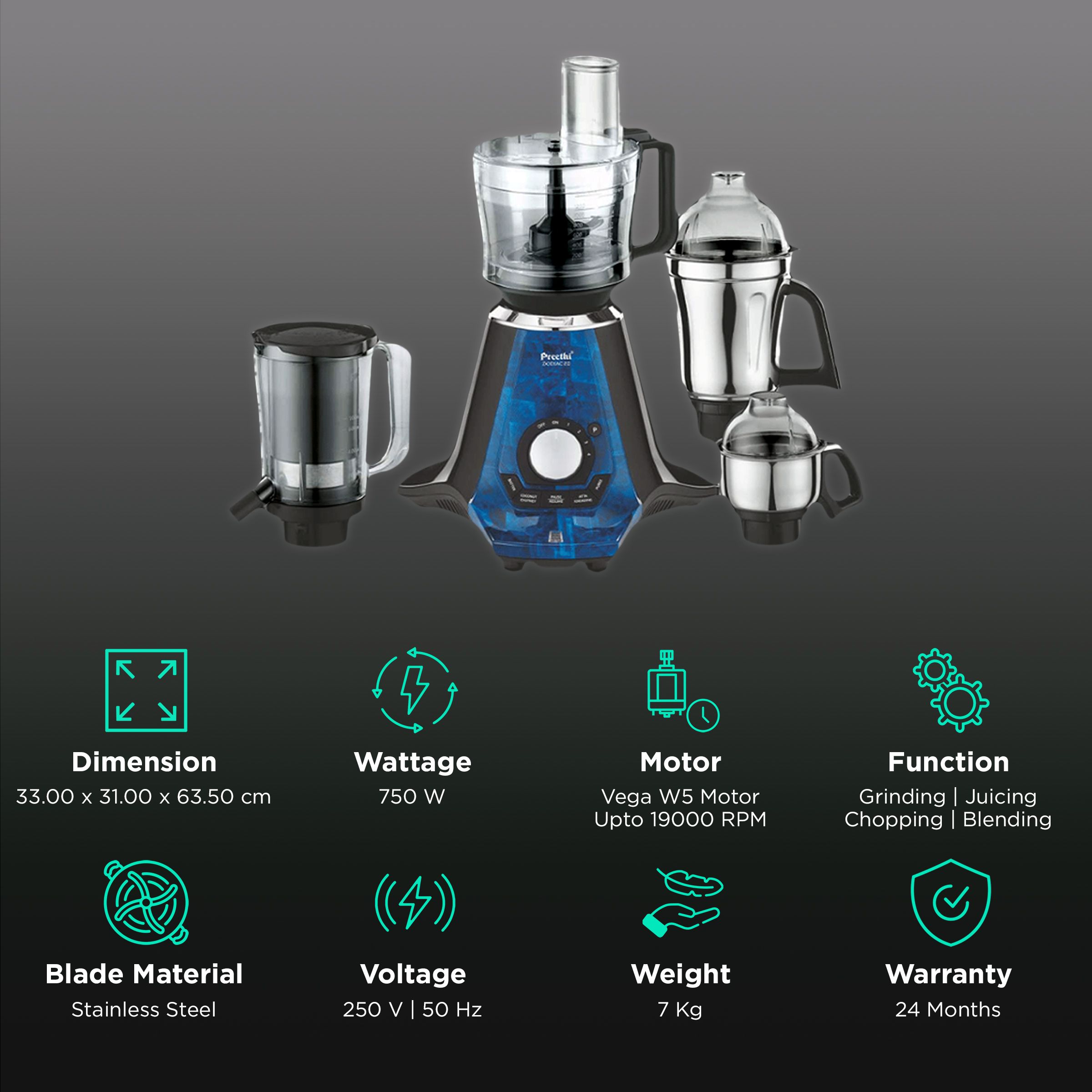 Preethi Zodiac 2.0 750 Watt 4 Jars Juicer Mixer Grinder (19000 RPM, 3-In-1 Insta Fresh Juicer Jar, Black/Blue) Preethi Zodiac 2.0 750 Watt 4 Jars Juicer Mixer Grinder (19000 RPM, 3-In-1 Insta Fresh Juicer Jar, Black/Blue)_2