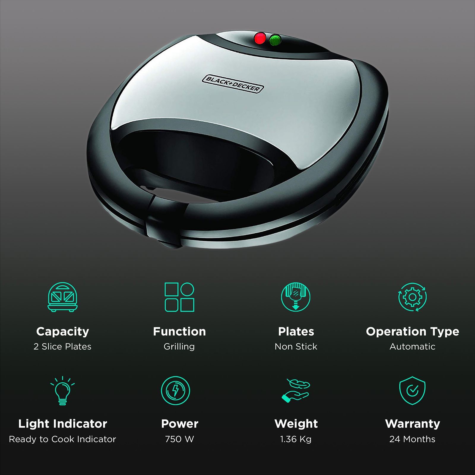 BLACK&DECKER TS2020 750W 2 Slice Sandwich Maker with Thermostat Control (Black & Silver) BLACK&DECKER TS2020 750W 2 Slice Sandwich Maker with Thermostat Control (Black & Silver)_3