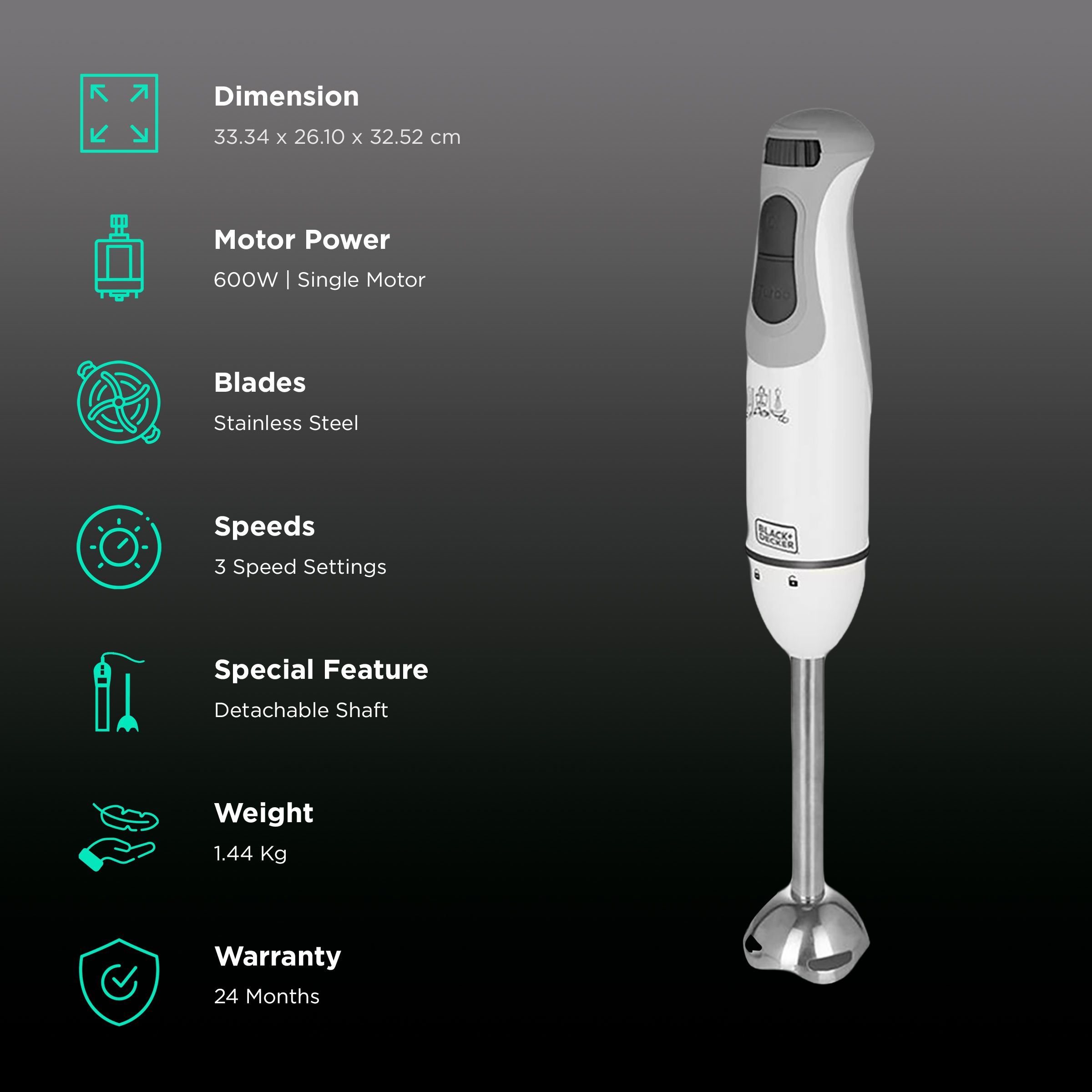 BLACK&DECKER 600 Watt 3 Speed Hand Blender with 3 Attachments (Durable & Sturdy Body, White)_2