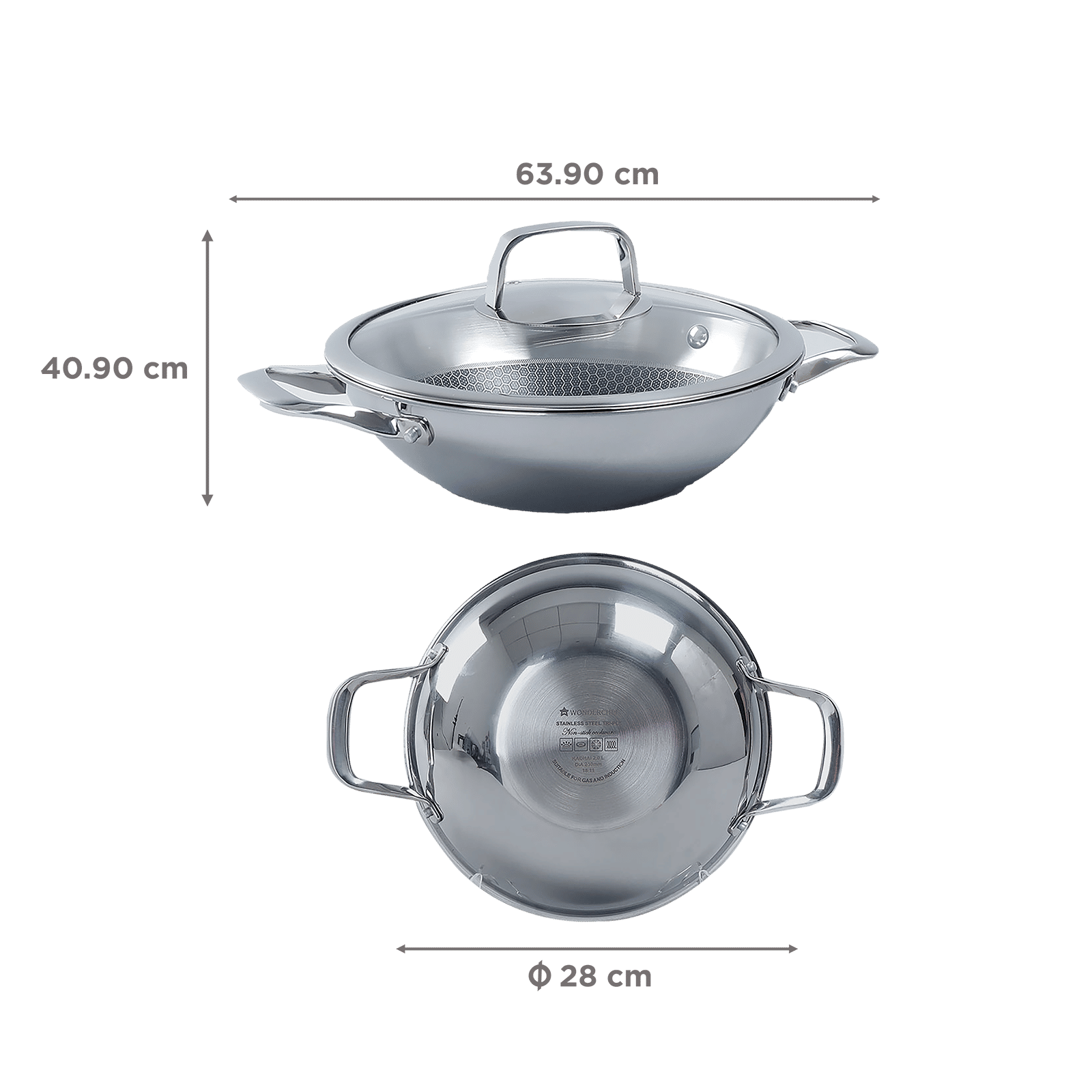 WONDERCHEF Stanton Wok with Lid (304 Stainless Steel Body, 63152779, Silver) WONDERCHEF Stanton Wok with Lid (304 Stainless Steel Body, 63152779, Silver)_2