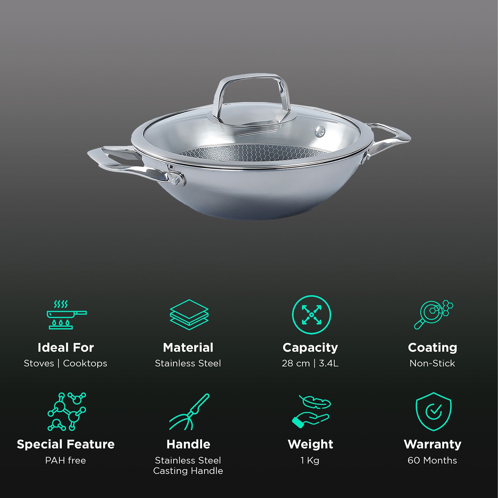 WONDERCHEF Stanton Wok with Lid (304 Stainless Steel Body, 63152779, Silver) WONDERCHEF Stanton Wok with Lid (304 Stainless Steel Body, 63152779, Silver)_3