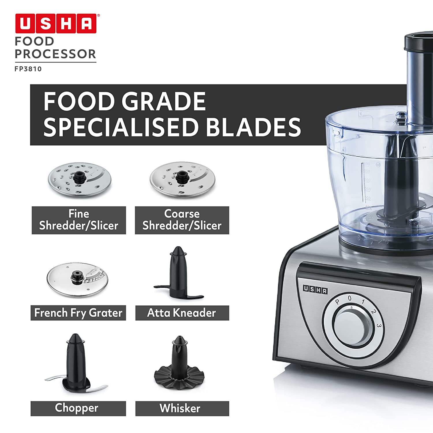 USHA FP 3810 1000 Watt Food Processor with 6 Blades (Black/Silver) USHA FP 3810 1000 Watt Food Processor with 6 Blades (Black/Silver)_7