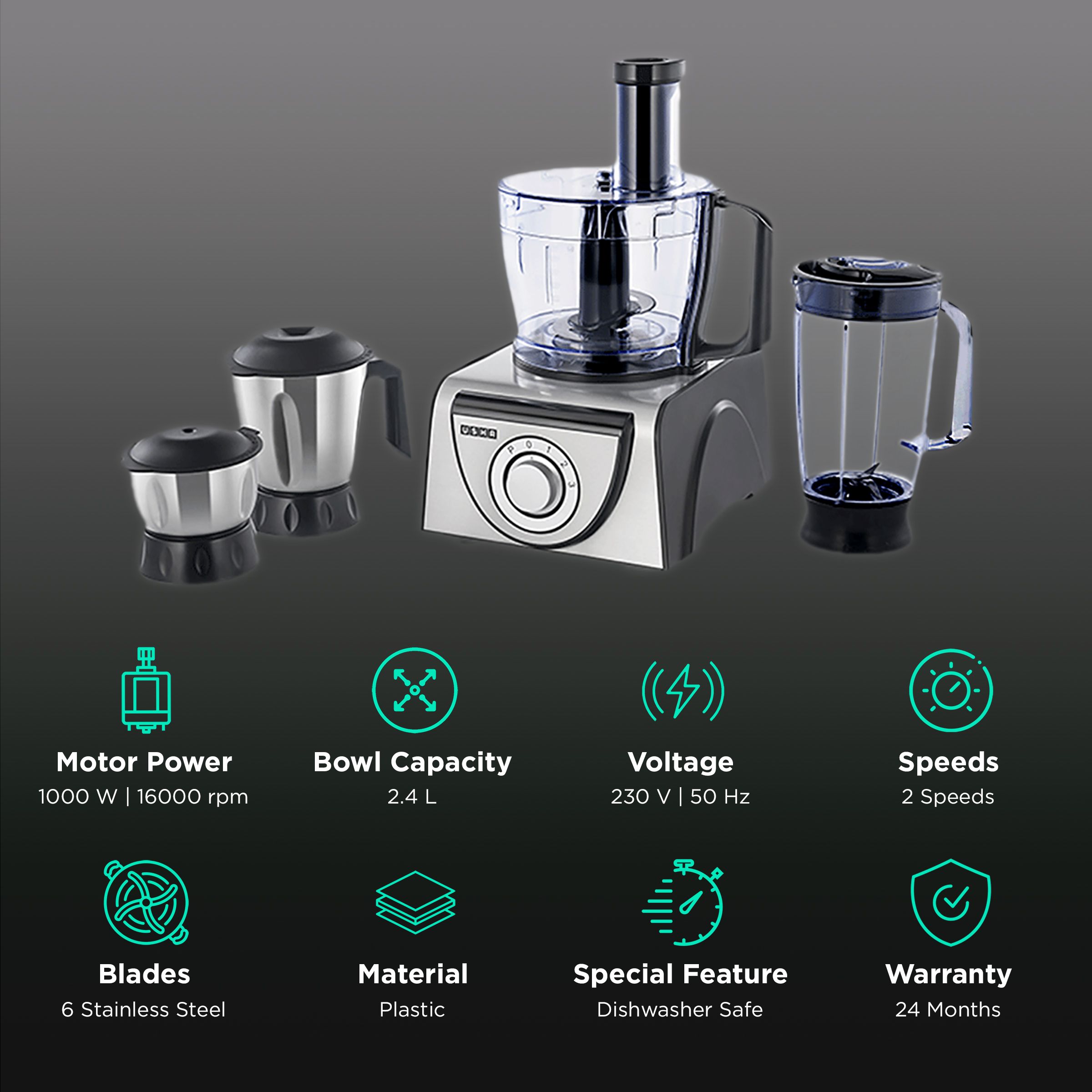 USHA FP 3810 1000 Watt Food Processor with 6 Blades (Black/Silver) USHA FP 3810 1000 Watt Food Processor with 6 Blades (Black/Silver)_2