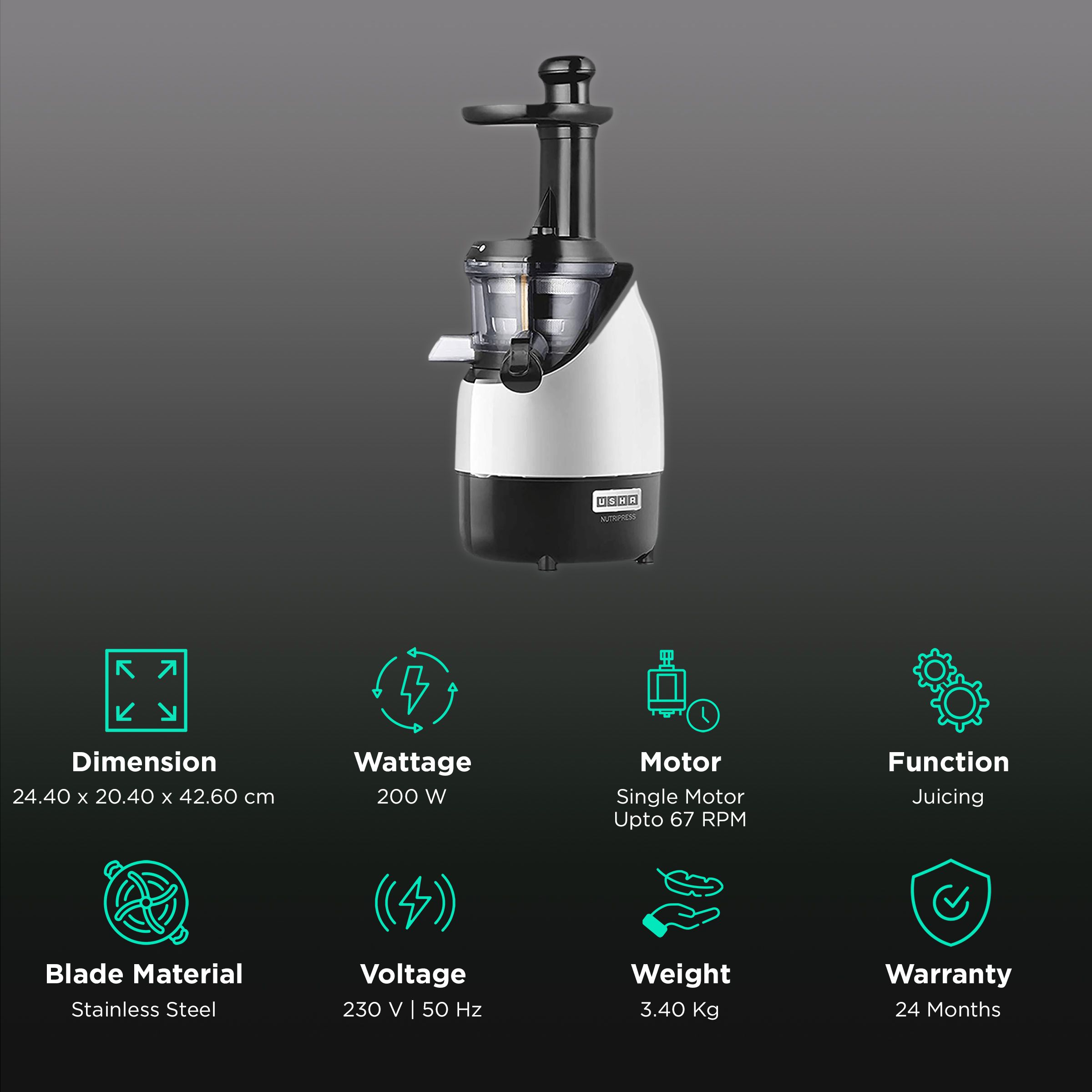 USHA NutriPress 200 Watt Cold Press Juicer (67 RPM, Safety Lock, Black/White)_2