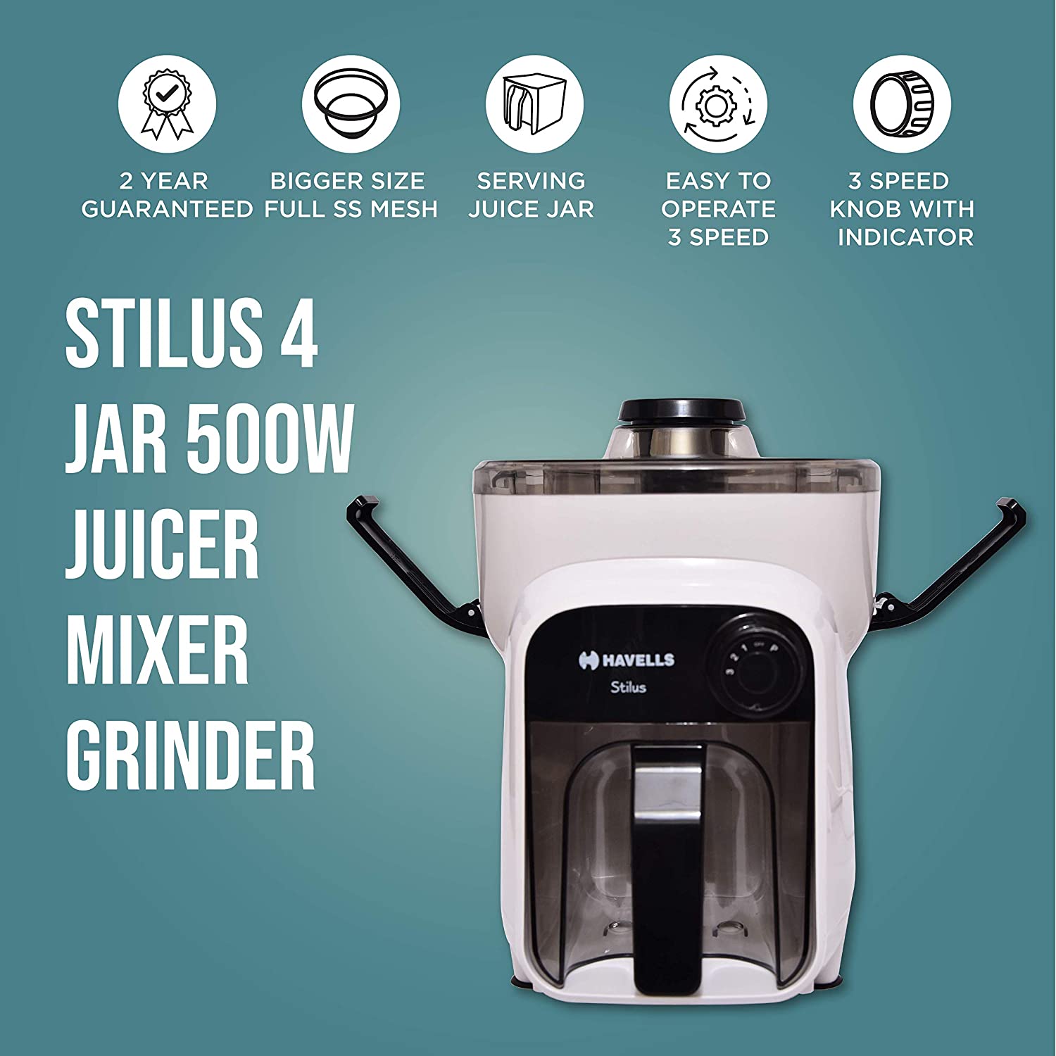 HAVELLS Stilus 500 Watt 4 Jars Juicer Mixer Grinder (LED Indicator, White) HAVELLS Stilus 500 Watt 4 Jars Juicer Mixer Grinder (LED Indicator, White)_8