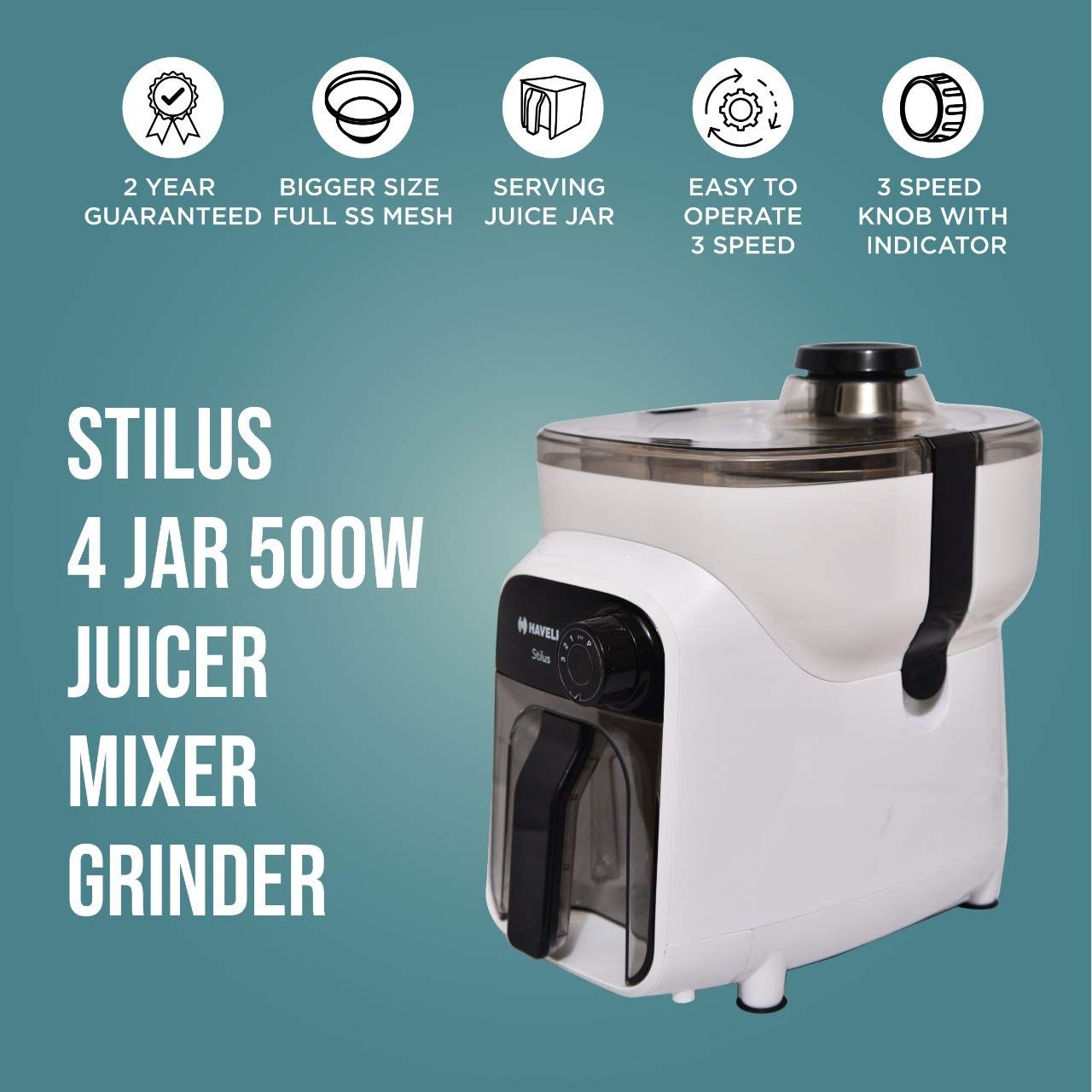 HAVELLS Stilus 500 Watt 4 Jars Juicer Mixer Grinder (LED Indicator, White) HAVELLS Stilus 500 Watt 4 Jars Juicer Mixer Grinder (LED Indicator, White)_14