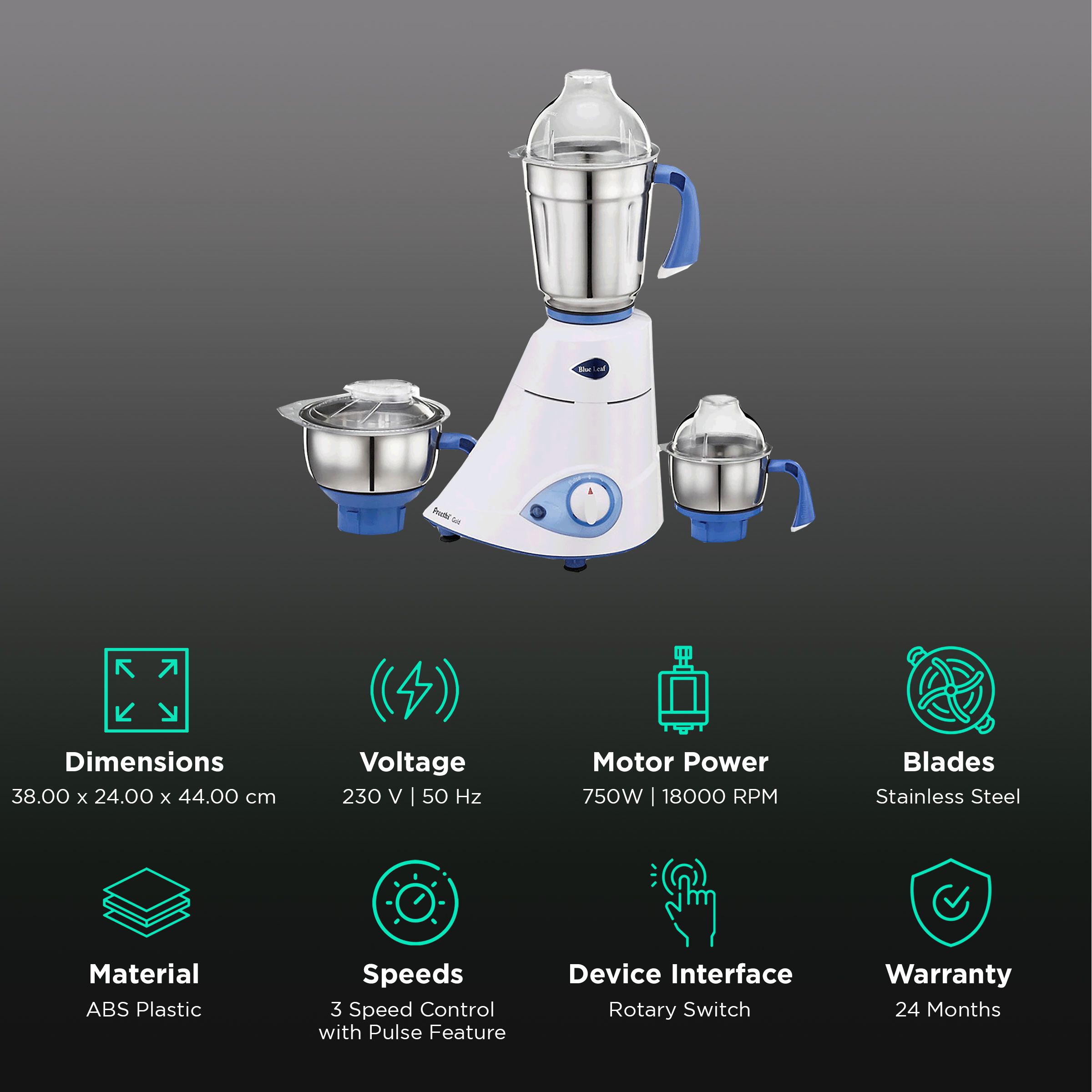 Preethi Blue Leaf Gold 750 Watt 3 Jars Mixer Grinder (18000 RPM, Shock Proof Body, White/Blue) Preethi Blue Leaf Gold 750 Watt 3 Jars Mixer Grinder (18000 RPM, Shock Proof Body, White/Blue)_2