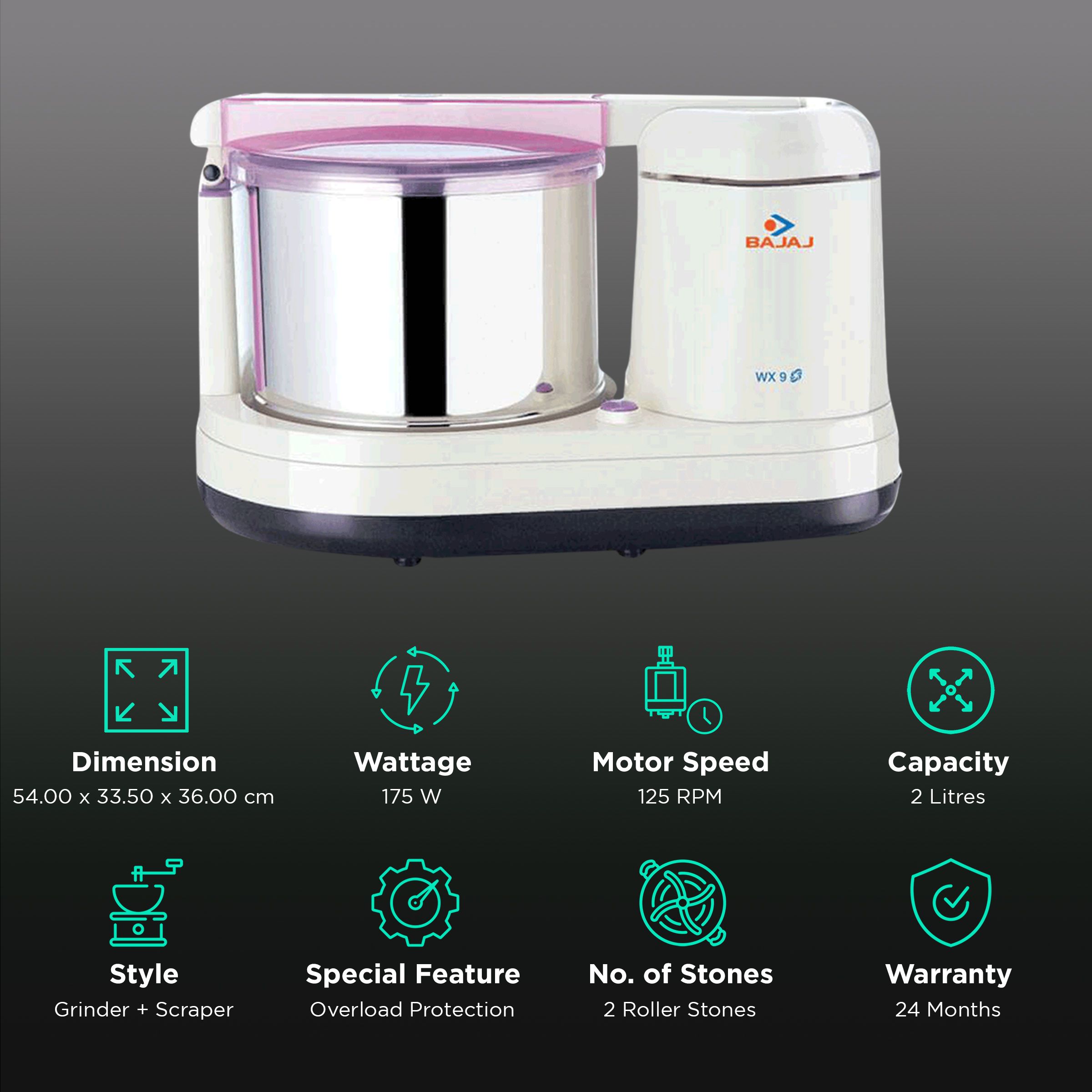 BAJAJ WX 9 2 Litres 2 Stones Wet Grinder with Coconut Scrapper (On/Off LED Indicator, White) BAJAJ WX 9 2 Litres 2 Stones Wet Grinder with Coconut Scrapper (On/Off LED Indicator, White)_2