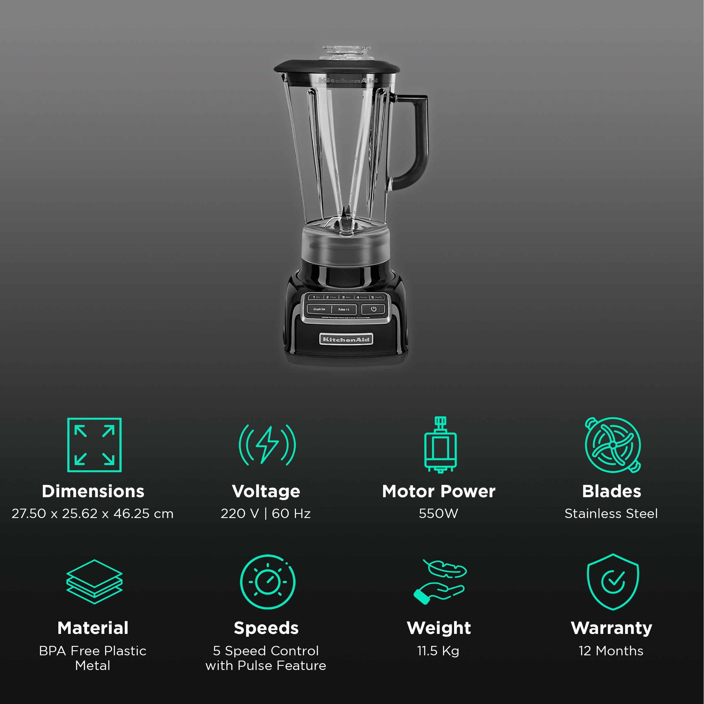 KitchenAid Classic 550 Watt 1 Jar Diamond Blender (Intelli-Speed Motor Control, Onyx Black)_2
