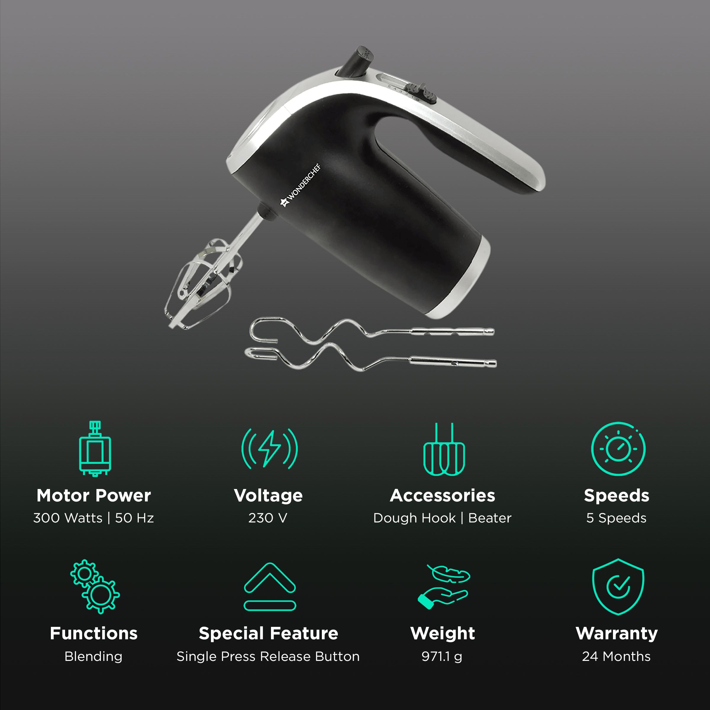 WONDERCHEF Onyx 300 Watt 5 Speed Hand Mixer with 2 Attachments (Ergonomic Handle, Black/Silver) WONDERCHEF Onyx 300 Watt 5 Speed Hand Mixer with 2 Attachments (Ergonomic Handle, Black/Silver)_2