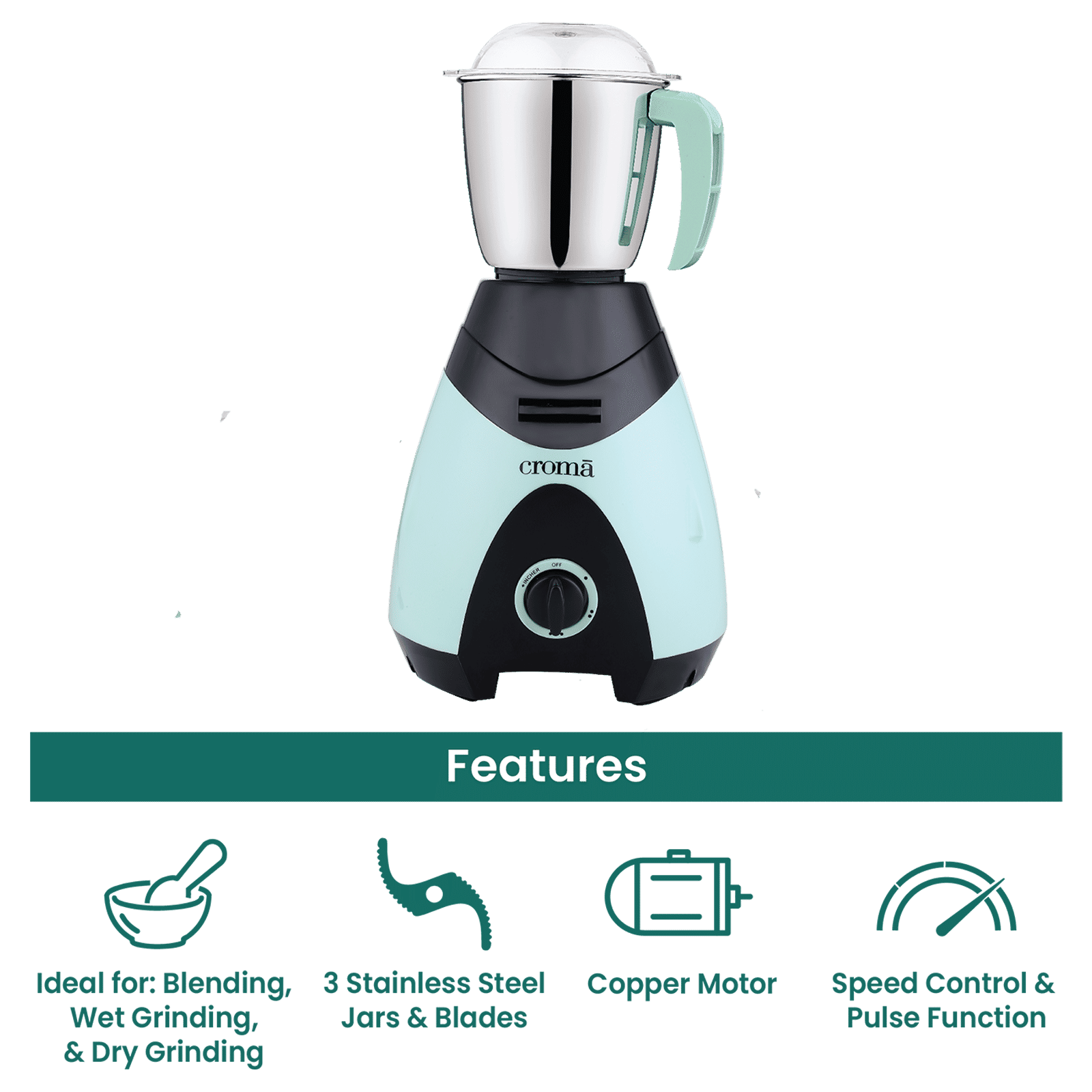 Croma 750 Watt 3 Jars Mixer Grinder (19000 RPM, 3 Speed Control with Pulse Function, Black/Green)_9