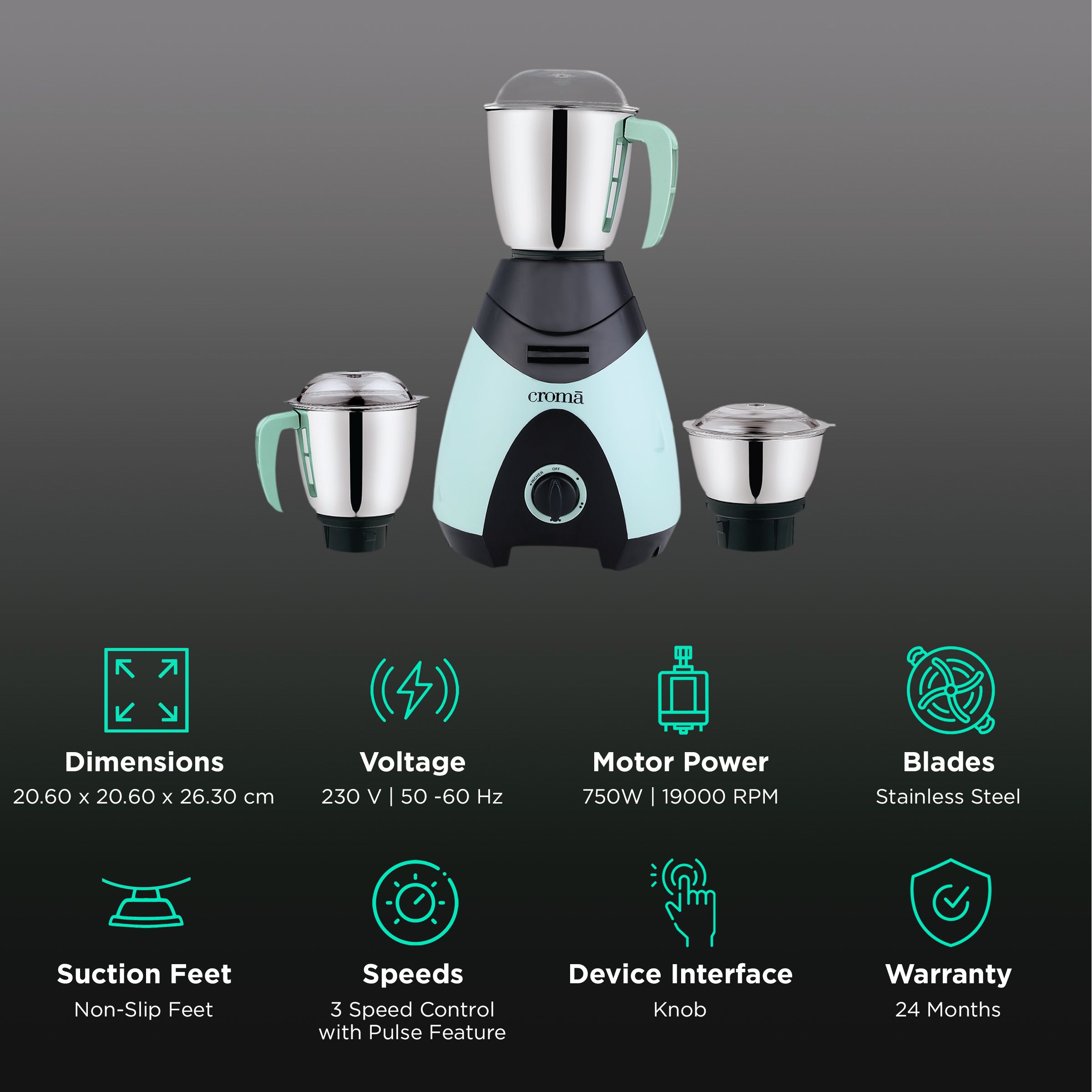 Croma 750 Watt 3 Jars Mixer Grinder (19000 RPM, 3 Speed Control with Pulse Function, Black/Green)_2