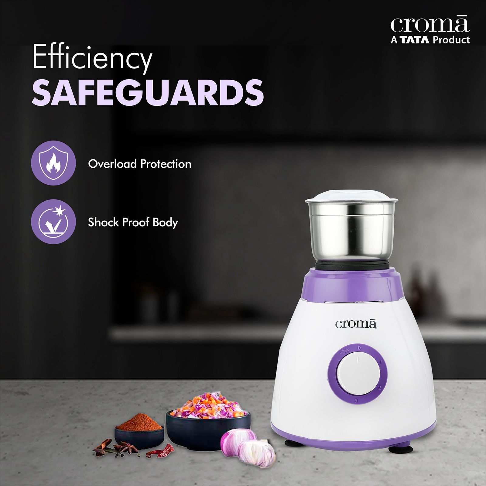 Croma 500 Watt 3 Jars Mixer Grinder (Rust Resistant, White/Purple)_6