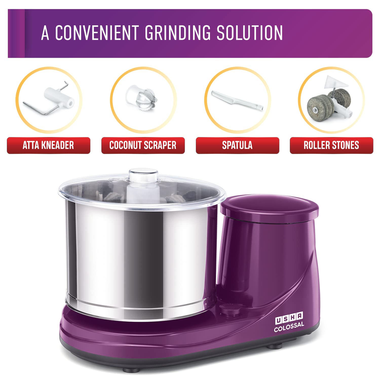 USHA Colossal 2 Litres 2 Stones Wet Grinder with Coconut Scrapper & Atta Kneader (Sturdy High Torque Motor, Magenta) USHA Colossal 2 Litres 2 Stones Wet Grinder with Coconut Scrapper & Atta Kneader (Sturdy High Torque Motor, Magenta)_8