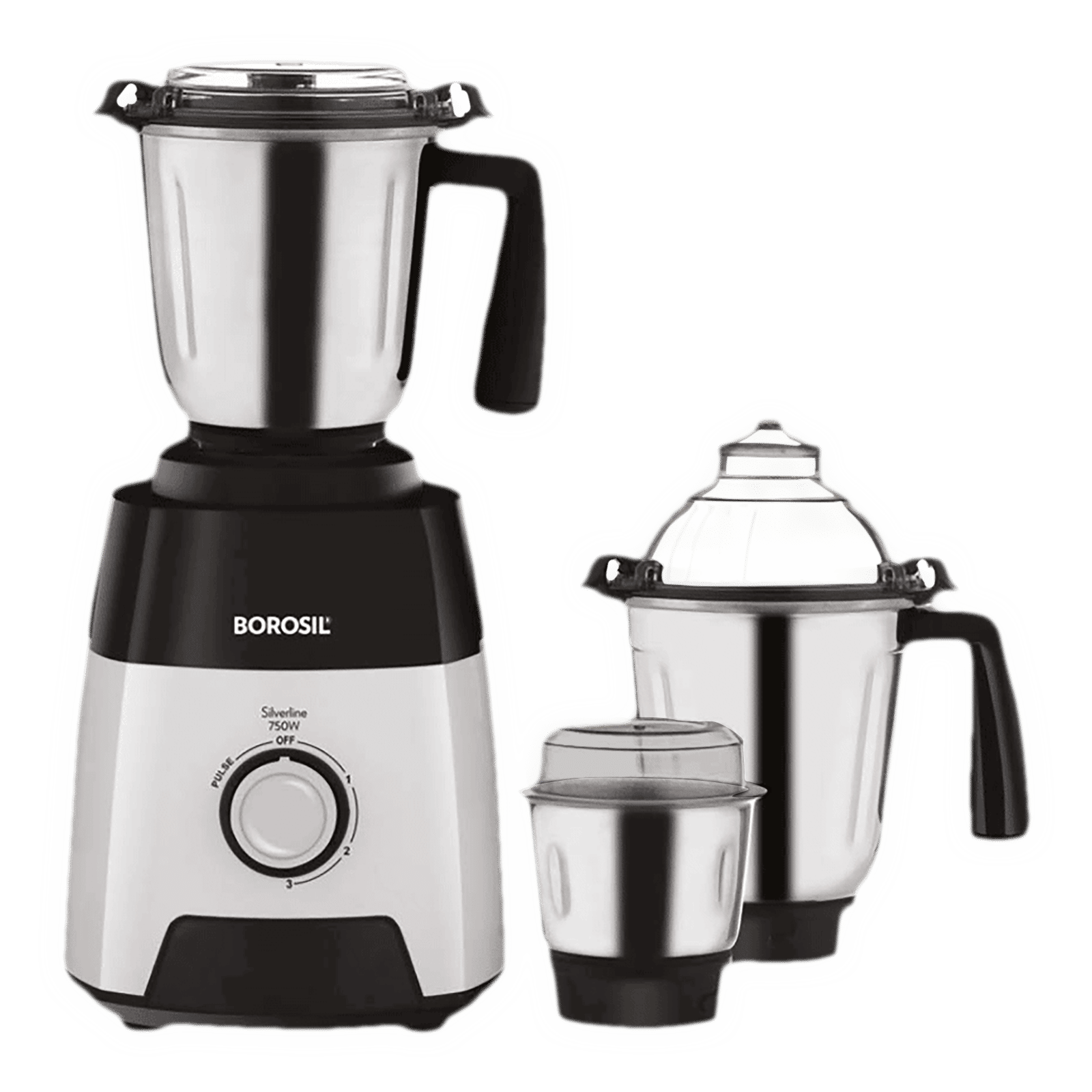 BOROSIL Silverline 750 Watt 3 Jars Mixer Grinder (20000 RPM, Anti-Skid Rubber Feet, Black & Silver) BOROSIL Silverline 750 Watt 3 Jars Mixer Grinder (20000 RPM, Anti-Skid Rubber Feet, Black & Silver)_1