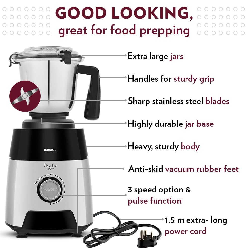 BOROSIL Silverline 750 Watt 3 Jars Mixer Grinder (20000 RPM, Anti-Skid Rubber Feet, Black & Silver) BOROSIL Silverline 750 Watt 3 Jars Mixer Grinder (20000 RPM, Anti-Skid Rubber Feet, Black & Silver)_14