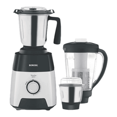BOROSIL Silverline 600 Watt 3 Jars Mixer Grinder (20000 RPM, Blow Breaker for Blending, Black & Silver)