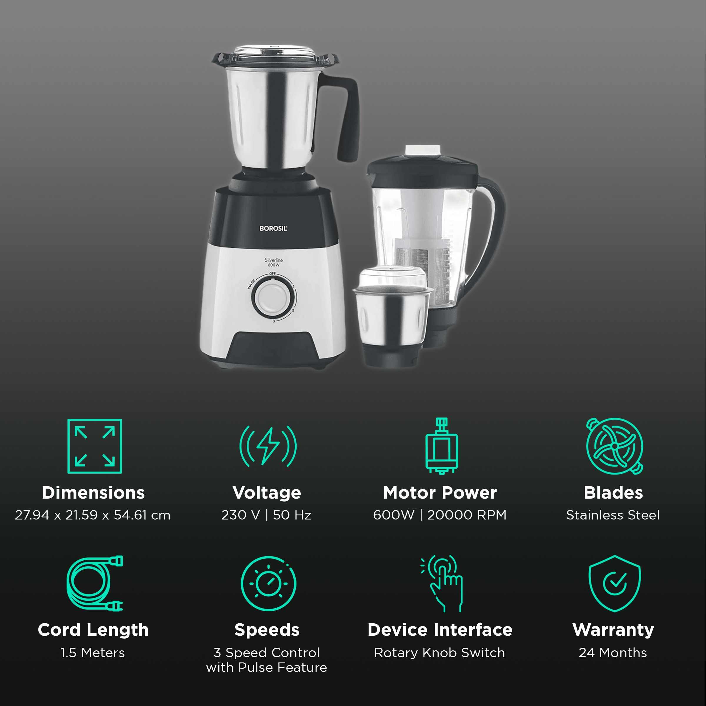 BOROSIL Silverline 600 Watt 3 Jars Mixer Grinder (20000 RPM, Blow Breaker for Blending, Black & Silver) BOROSIL Silverline 600 Watt 3 Jars Mixer Grinder (20000 RPM, Blow Breaker for Blending, Black & Silver)_2