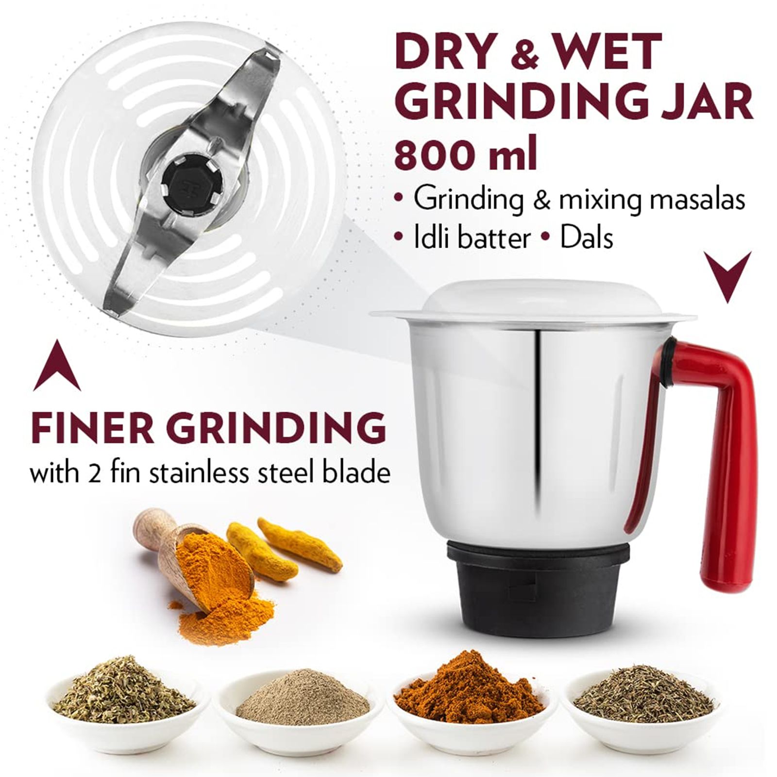 BOROSIL Star 500 Watt 3 Jars Mixer Grinder (20000 RPM, 3 Speed Control with Pulse Function, Maroon)_6