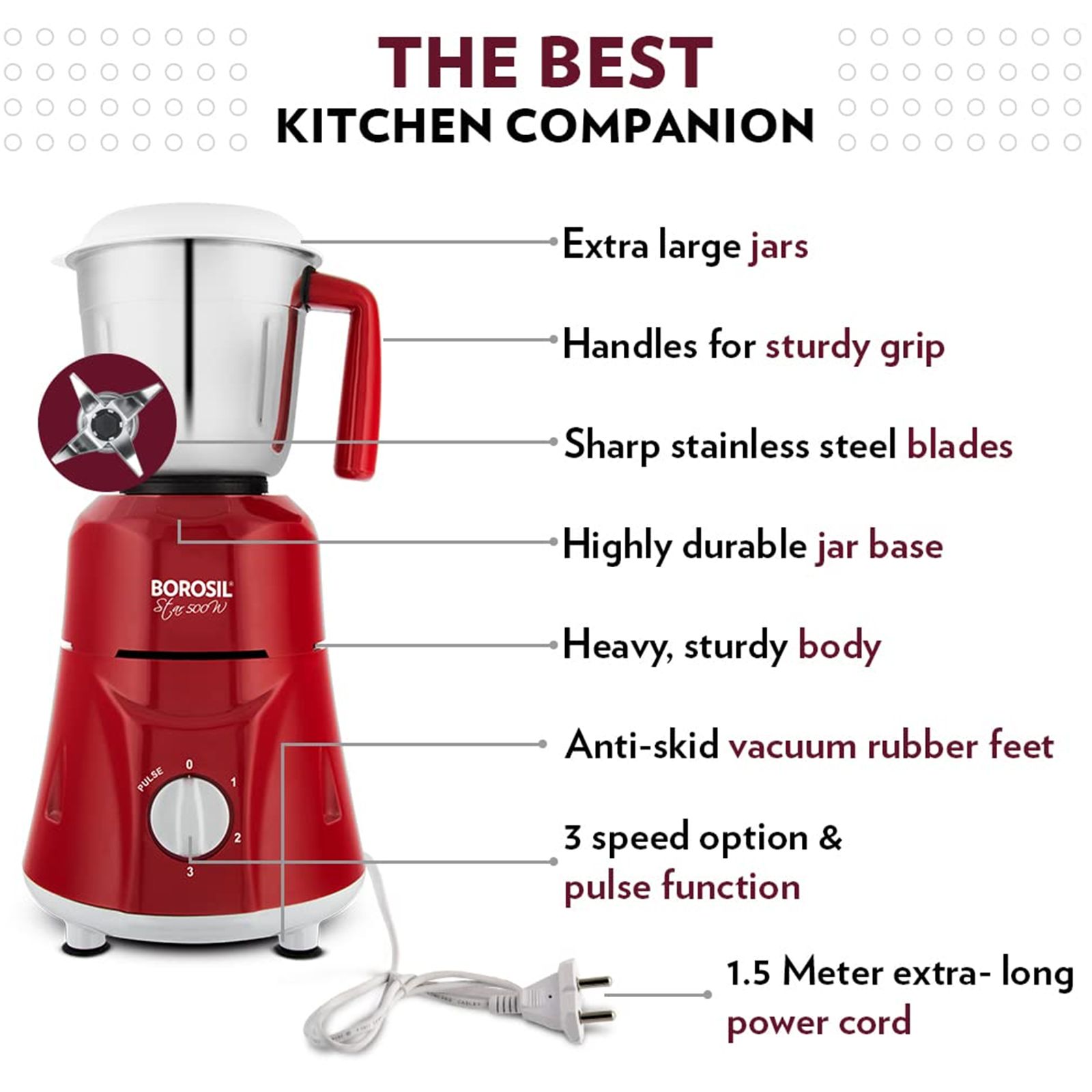 BOROSIL Star 500 Watt 3 Jars Mixer Grinder (20000 RPM, 3 Speed Control with Pulse Function, Maroon)_4