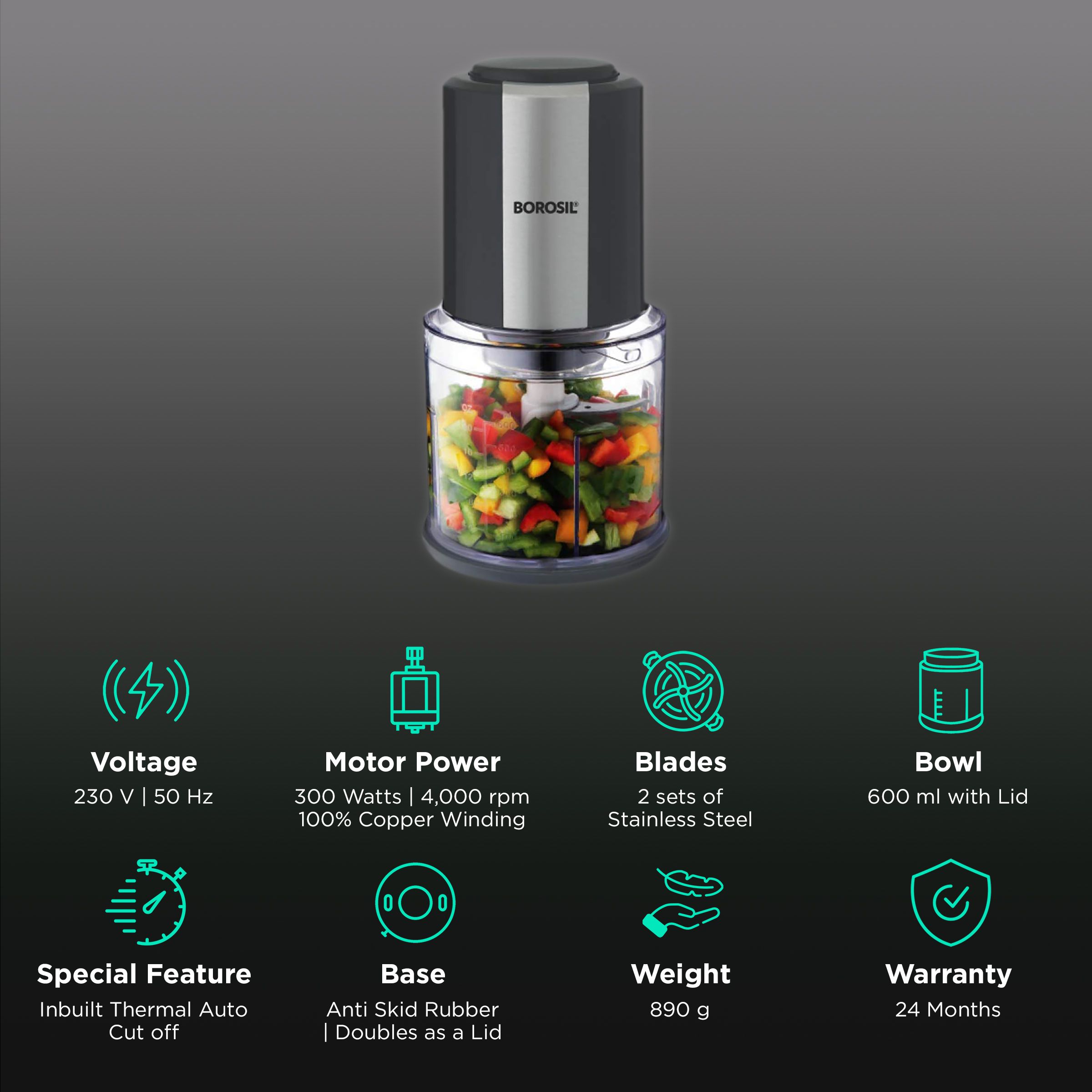 BOROSIL Chef Delite 300 Watt Vegetable Chopper with 2 Blades (Black)_2