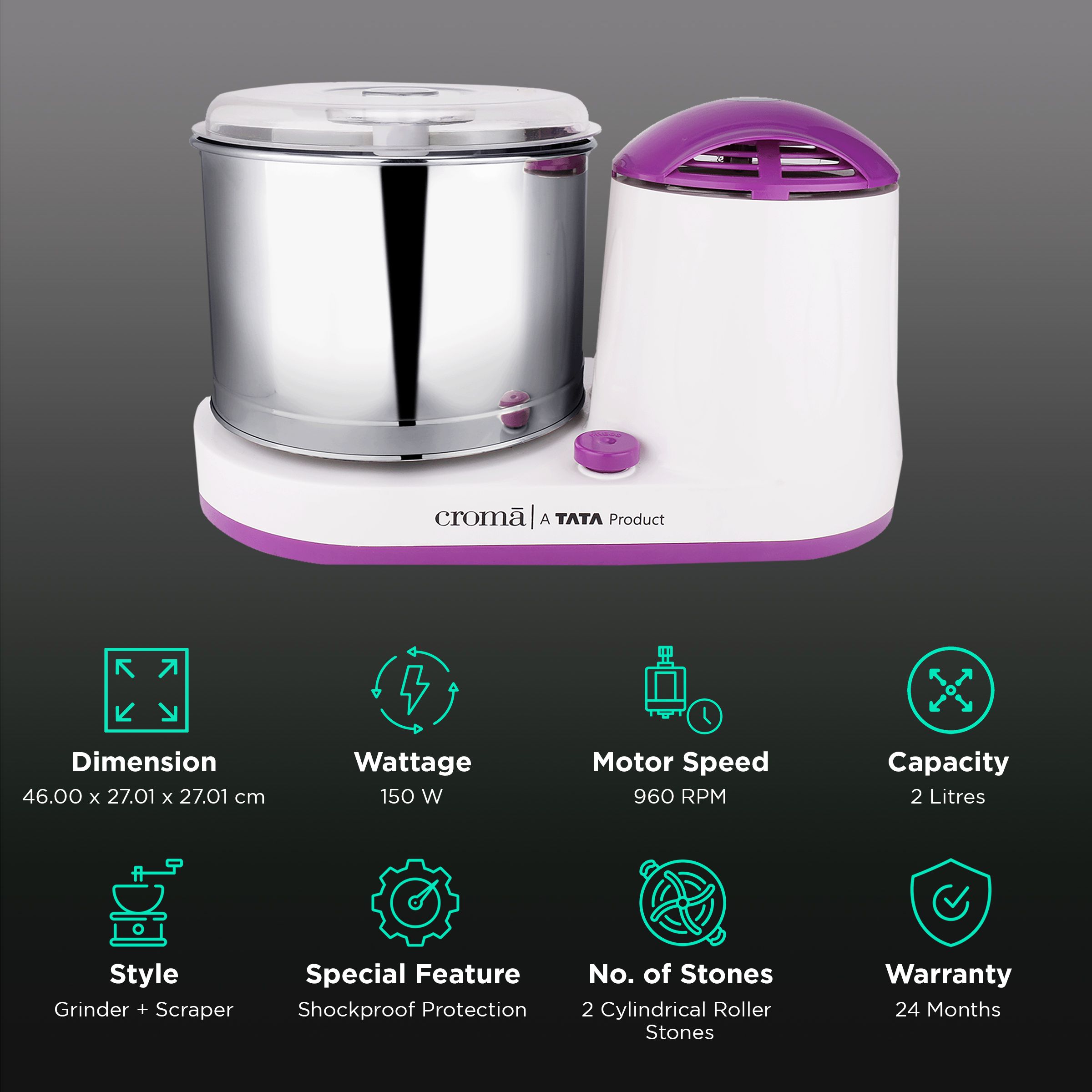 Croma 2 Litres 2 Stones Wet Grinder with Coconut Scrapper & Atta Kneader (In-Built Overload Protection, White/Purple) Croma 2 Litres 2 Stones Wet Grinder with Coconut Scrapper & Atta Kneader (In-Built Overload Protection, White/Purple)_2