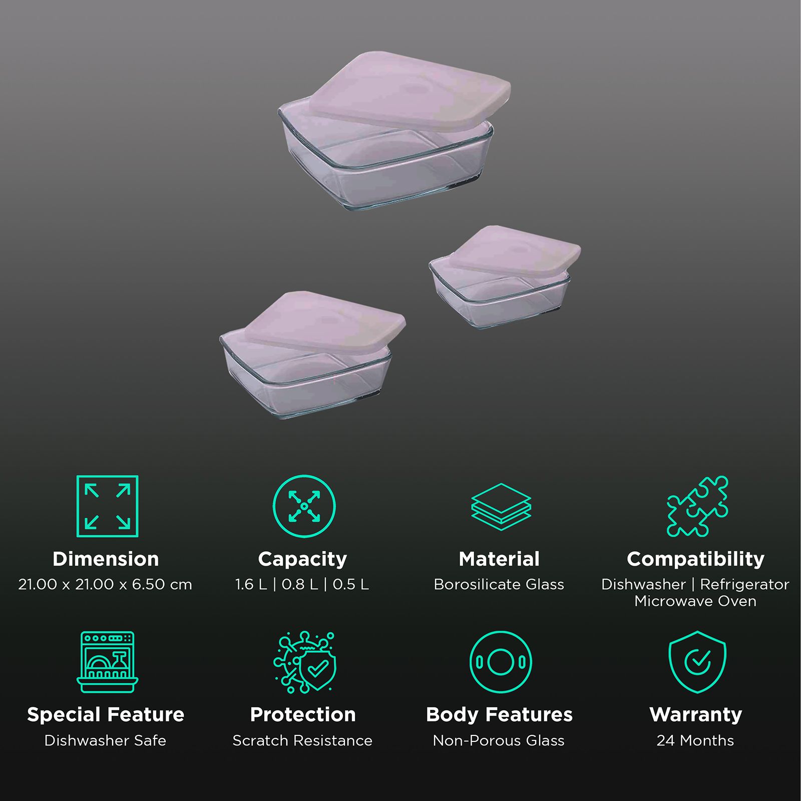 BOROSIL IH22DH15626 500ml, 800ml & 1.6L Borosilicate Glass Square Dish with Lid (Set of 3, Scratch Resistant, Transparent) BOROSIL IH22DH15626 500ml, 800ml & 1.6L Borosilicate Glass Square Dish with Lid (Set of 3, Scratch Resistant, Transparent)_2
