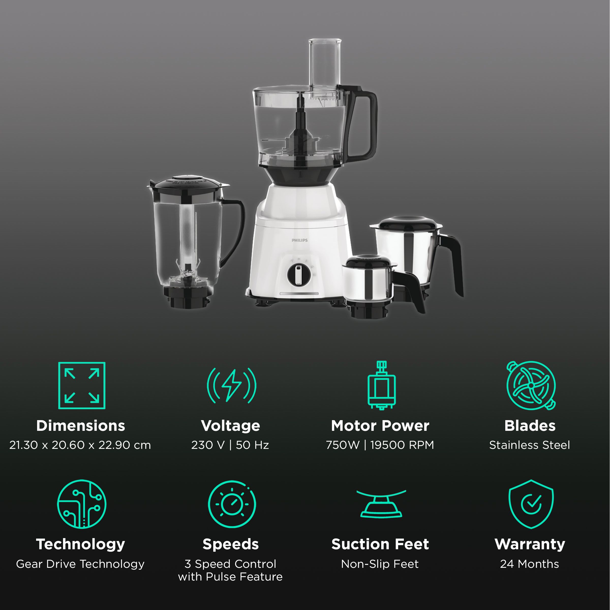 PHILIPS Viva Collection 750 Watt 4 Jars Mixer Grinder (19500 RPM, Gear Drive Technology, Black/White) PHILIPS Viva Collection 750 Watt 4 Jars Mixer Grinder (19500 RPM, Gear Drive Technology, Black/White)_2