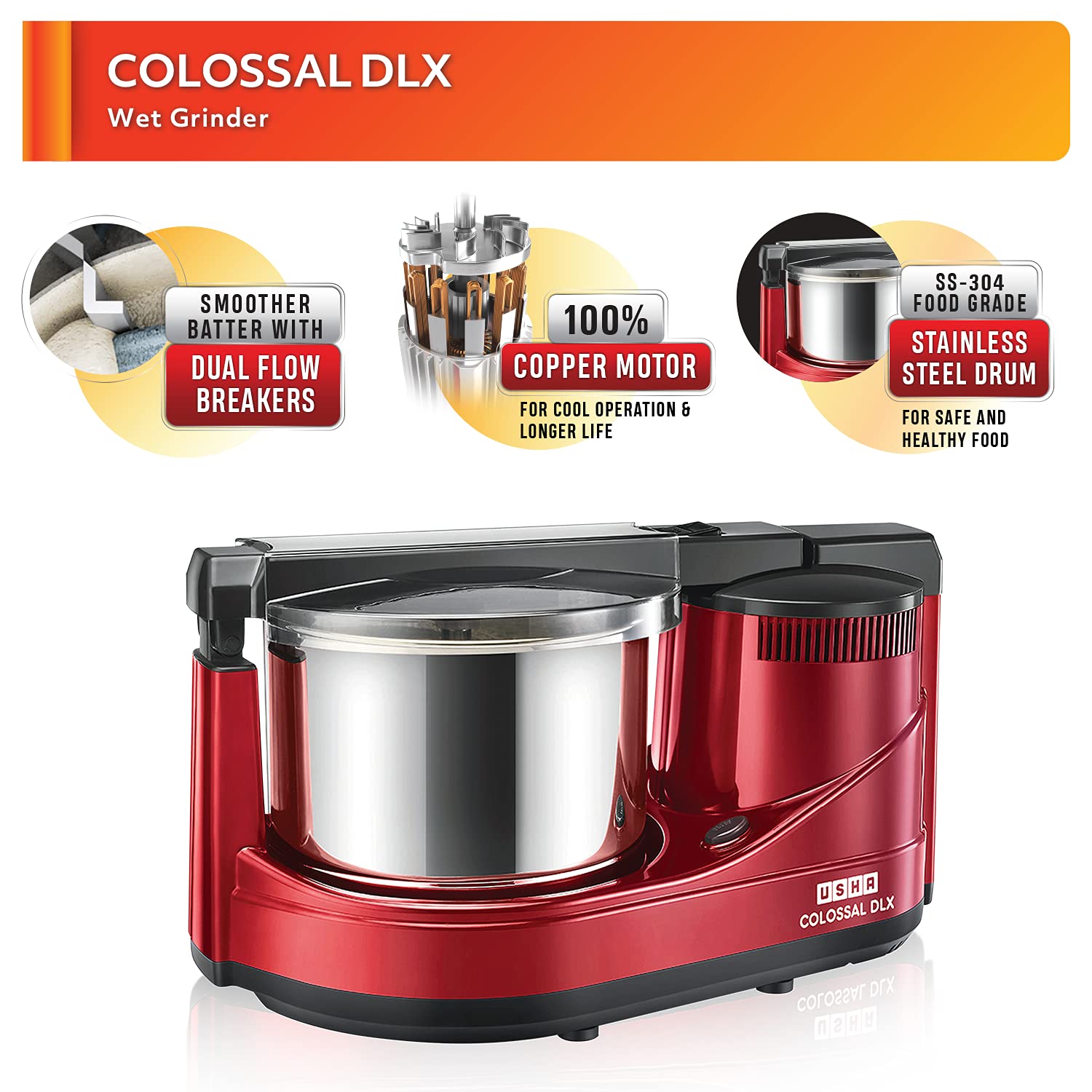USHA Colossal DLX 2 Litres 2 Stones Wet Grinder with Coconut Scrapper & Atta Kneader (Sturdy High Torque Motor, Red) USHA Colossal DLX 2 Litres 2 Stones Wet Grinder with Coconut Scrapper & Atta Kneader (Sturdy High Torque Motor, Red)_7