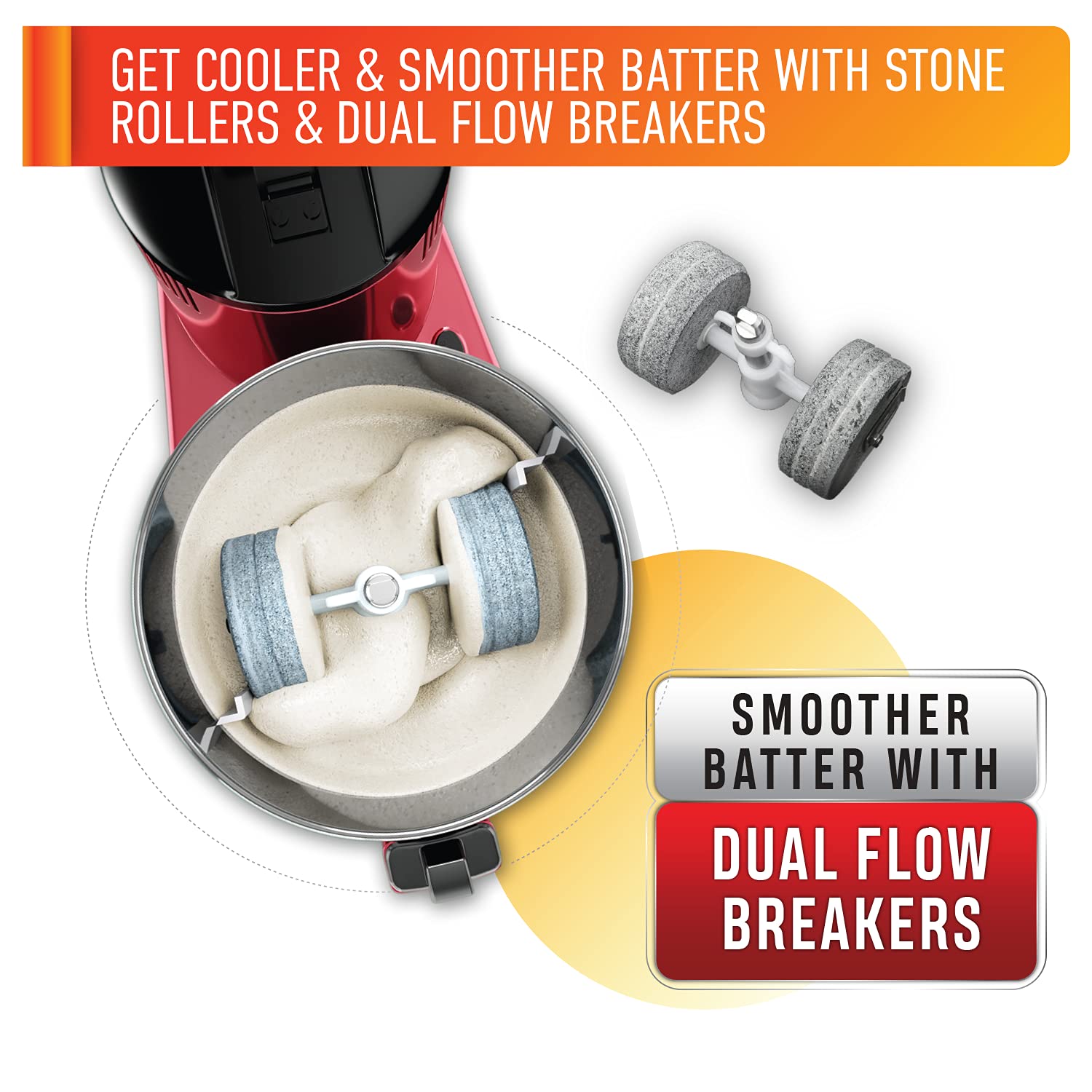 USHA Colossal DLX 2 Litres 2 Stones Wet Grinder with Coconut Scrapper & Atta Kneader (Sturdy High Torque Motor, Red) USHA Colossal DLX 2 Litres 2 Stones Wet Grinder with Coconut Scrapper & Atta Kneader (Sturdy High Torque Motor, Red)_8