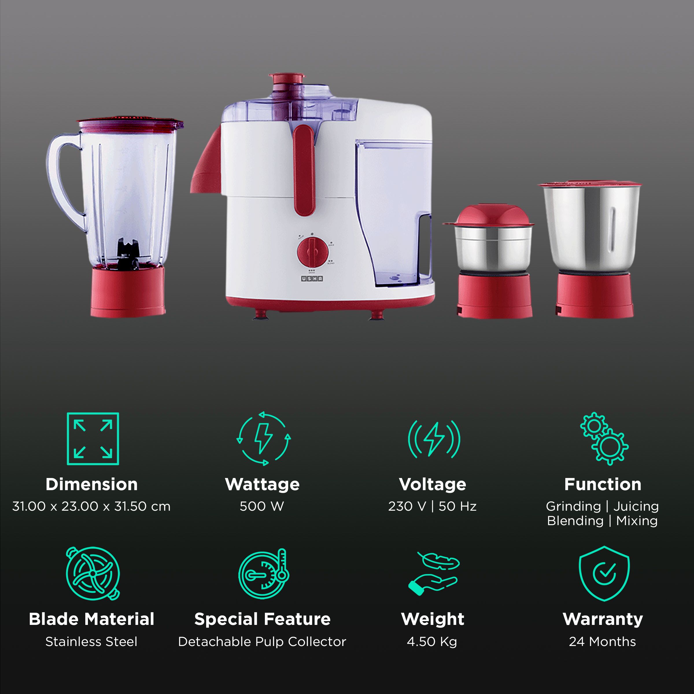 USHA 500 Watt 3 Jars Juicer Mixer Grinder (Anti-Skid Rubber Feet, Red/White) USHA 500 Watt 3 Jars Juicer Mixer Grinder (Anti-Skid Rubber Feet, Red/White)_2