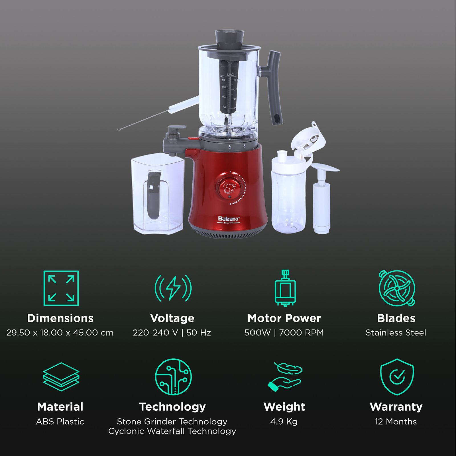 Balzano Yoga 600 Watt 1 Jar Blender (7000 RPM, Low Oxidation & Noise, Red) Balzano Yoga 600 Watt 1 Jar Blender (7000 RPM, Low Oxidation & Noise, Red)_2