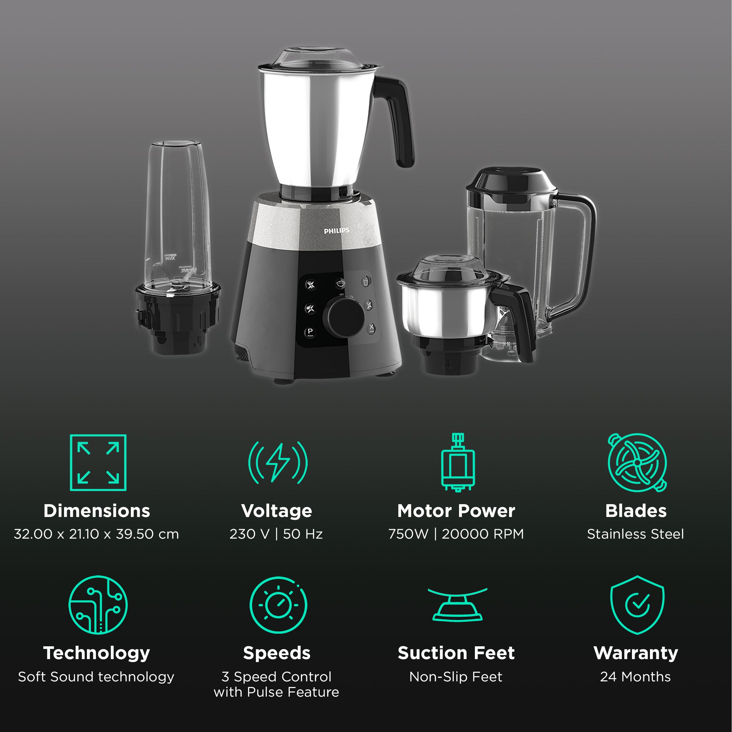 PHILIPS Avance Collection 750 Watt 4 Jars Mixer Grinder (20000 RPM, Built-in Safety Switch, Metallic Silver/Bold Black) PHILIPS Avance Collection 750 Watt 4 Jars Mixer Grinder (20000 RPM, Built-in Safety Switch, Metallic Silver/Bold Black)_2