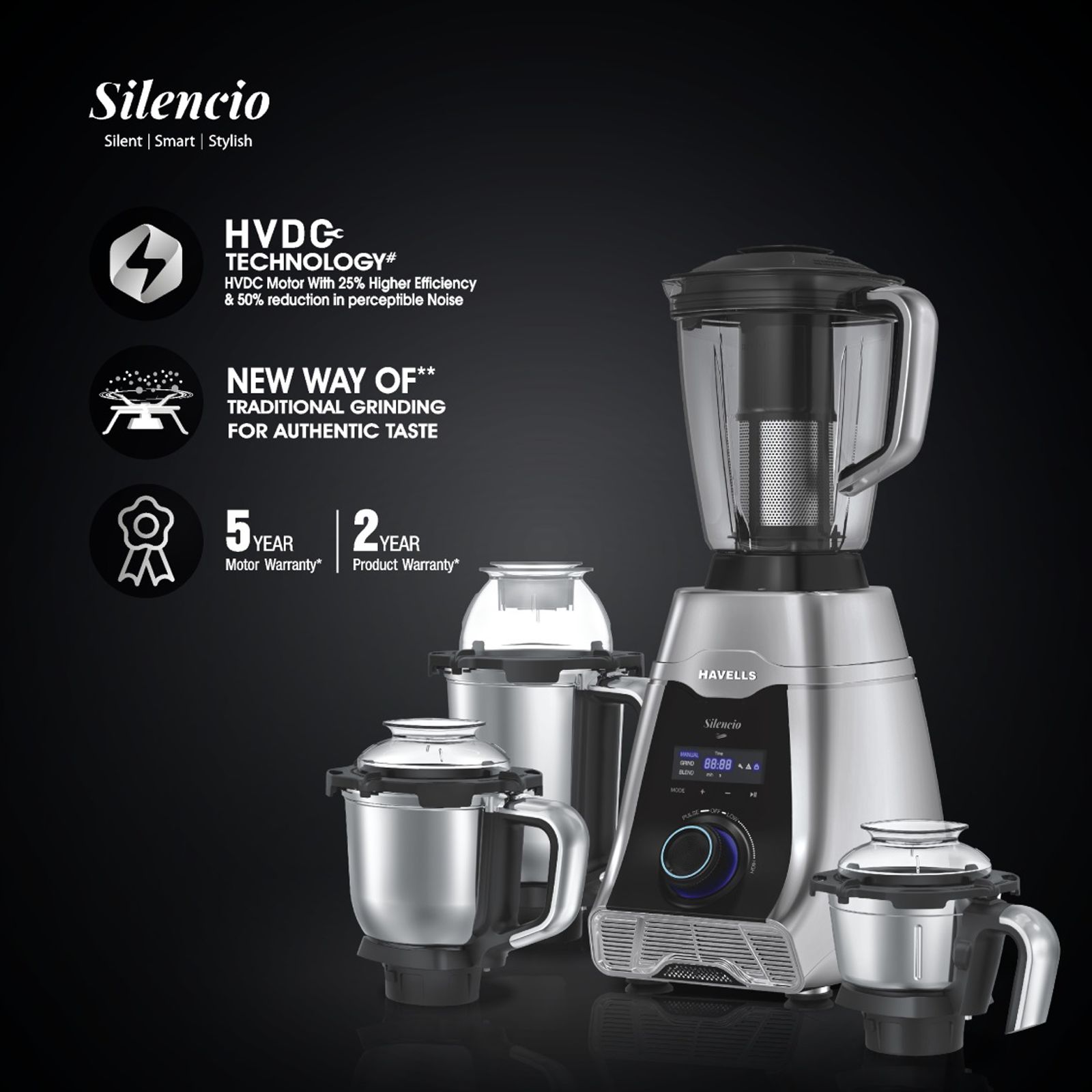 HAVELLS Silencio 500 Watt 4 Jars Mixer Grinder (Digital Display & Touch Control, Black & Silver) HAVELLS Silencio 500 Watt 4 Jars Mixer Grinder (Digital Display & Touch Control, Black & Silver)_7