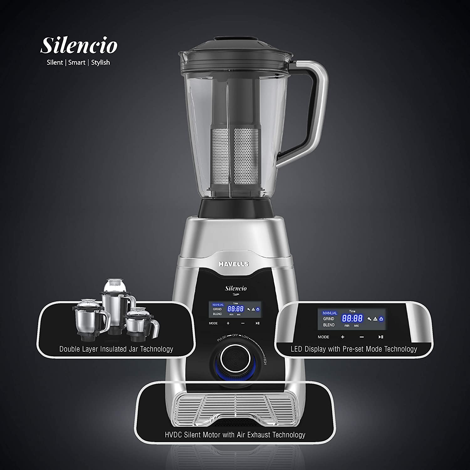 HAVELLS Silencio 500 Watt 4 Jars Mixer Grinder (Digital Display & Touch Control, Black & Silver) HAVELLS Silencio 500 Watt 4 Jars Mixer Grinder (Digital Display & Touch Control, Black & Silver)_10