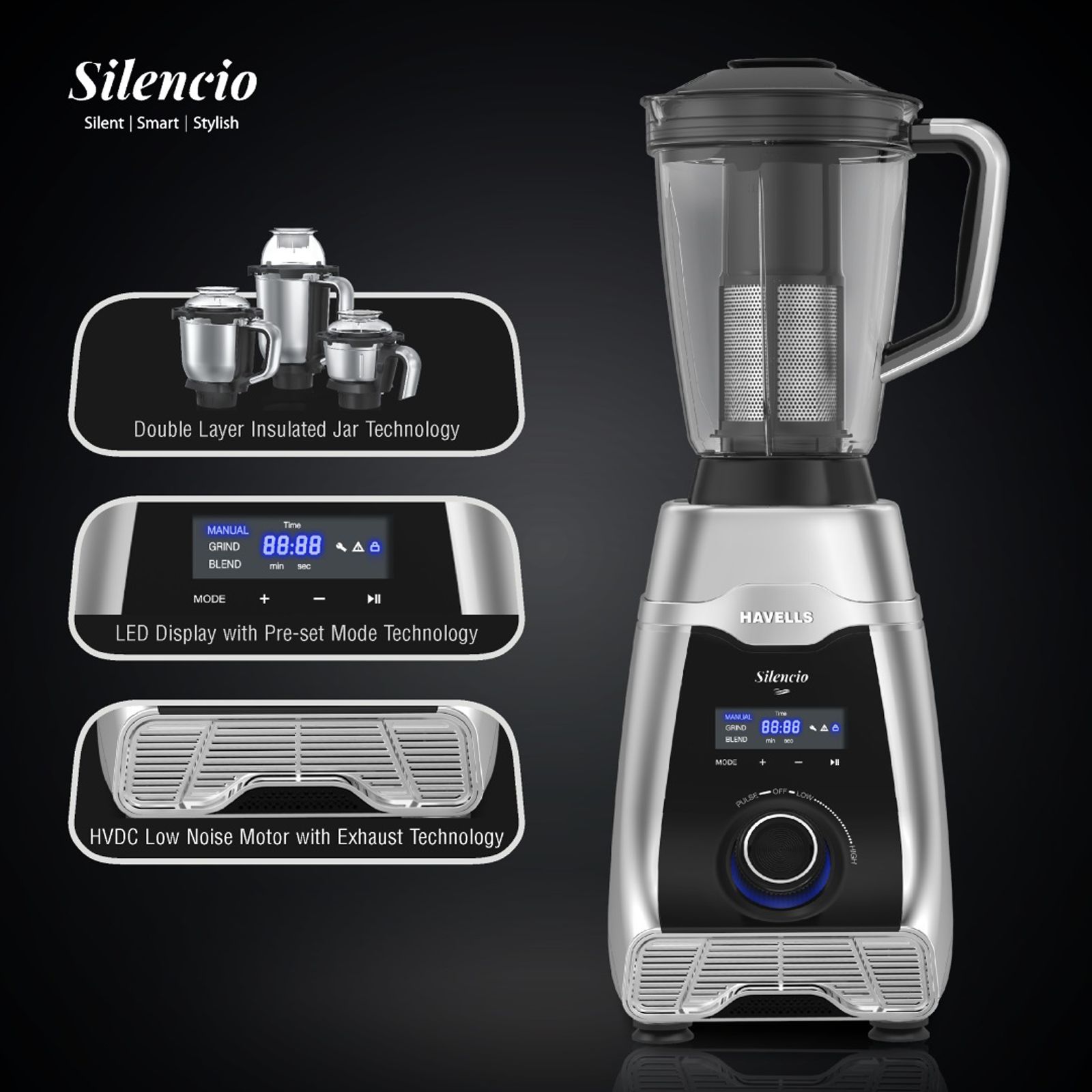 HAVELLS Silencio 500 Watt 4 Jars Mixer Grinder (Digital Display & Touch Control, Black & Silver) HAVELLS Silencio 500 Watt 4 Jars Mixer Grinder (Digital Display & Touch Control, Black & Silver)_13