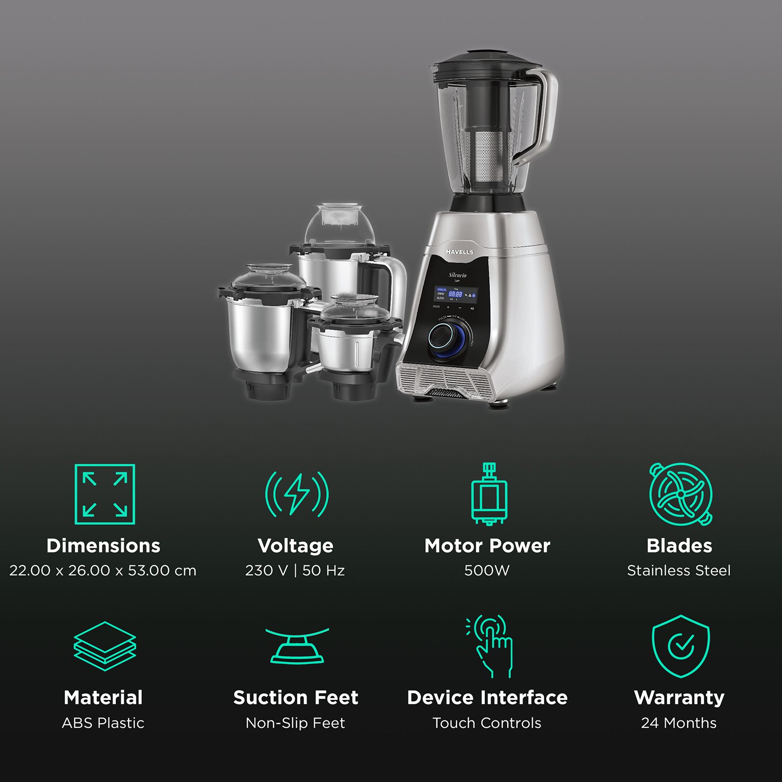 HAVELLS Silencio 500 Watt 4 Jars Mixer Grinder (Digital Display & Touch Control, Black & Silver) HAVELLS Silencio 500 Watt 4 Jars Mixer Grinder (Digital Display & Touch Control, Black & Silver)_2