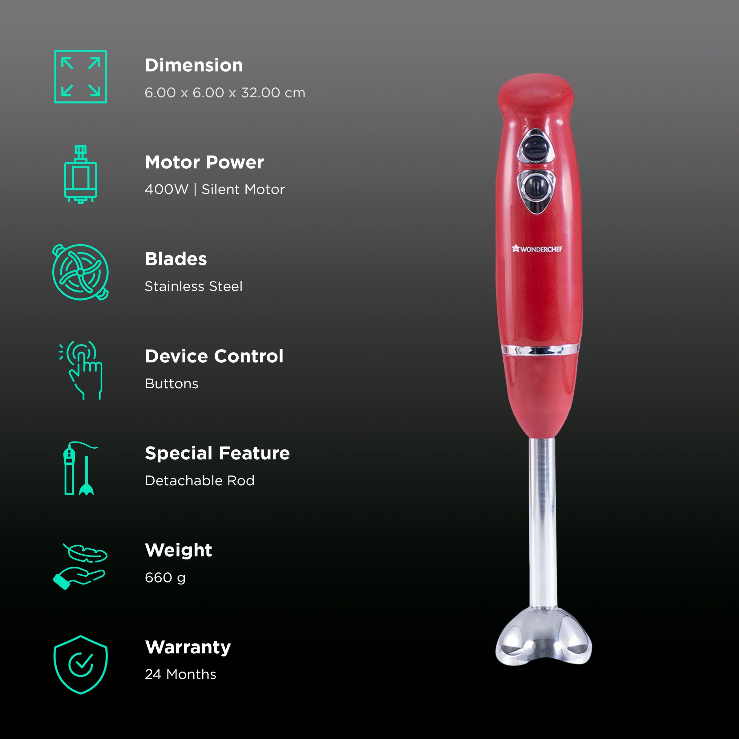 WONDERCHEF Crimson Edge 400 Watt Hand Blender (Easy Locking System, Red)_2