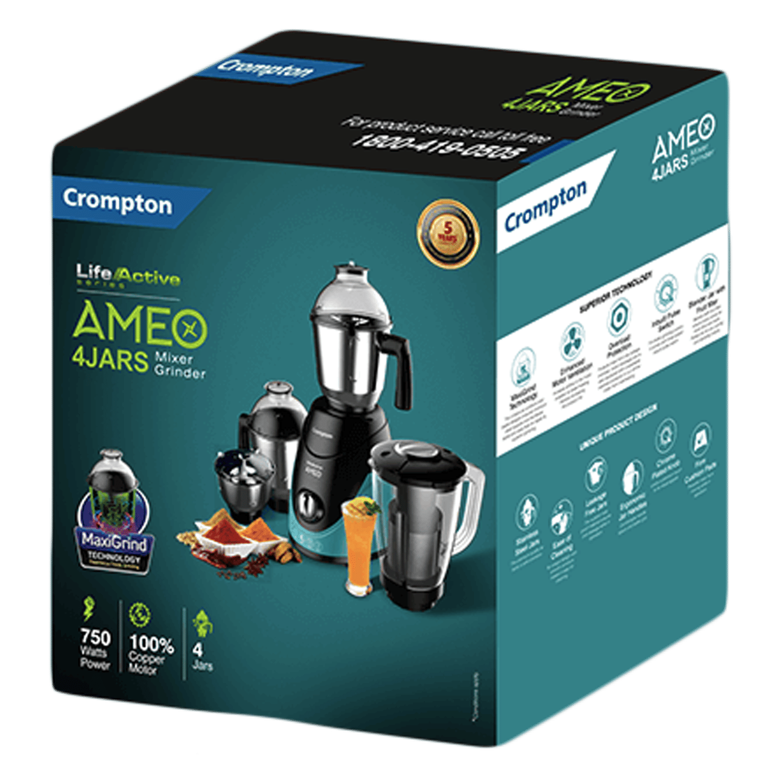 Crompton Ameo 750 Watt 4 Jars Mixer Grinder (MaxiGrind Technology, Black/Green) Crompton Ameo 750 Watt 4 Jars Mixer Grinder (MaxiGrind Technology, Black/Green)_5