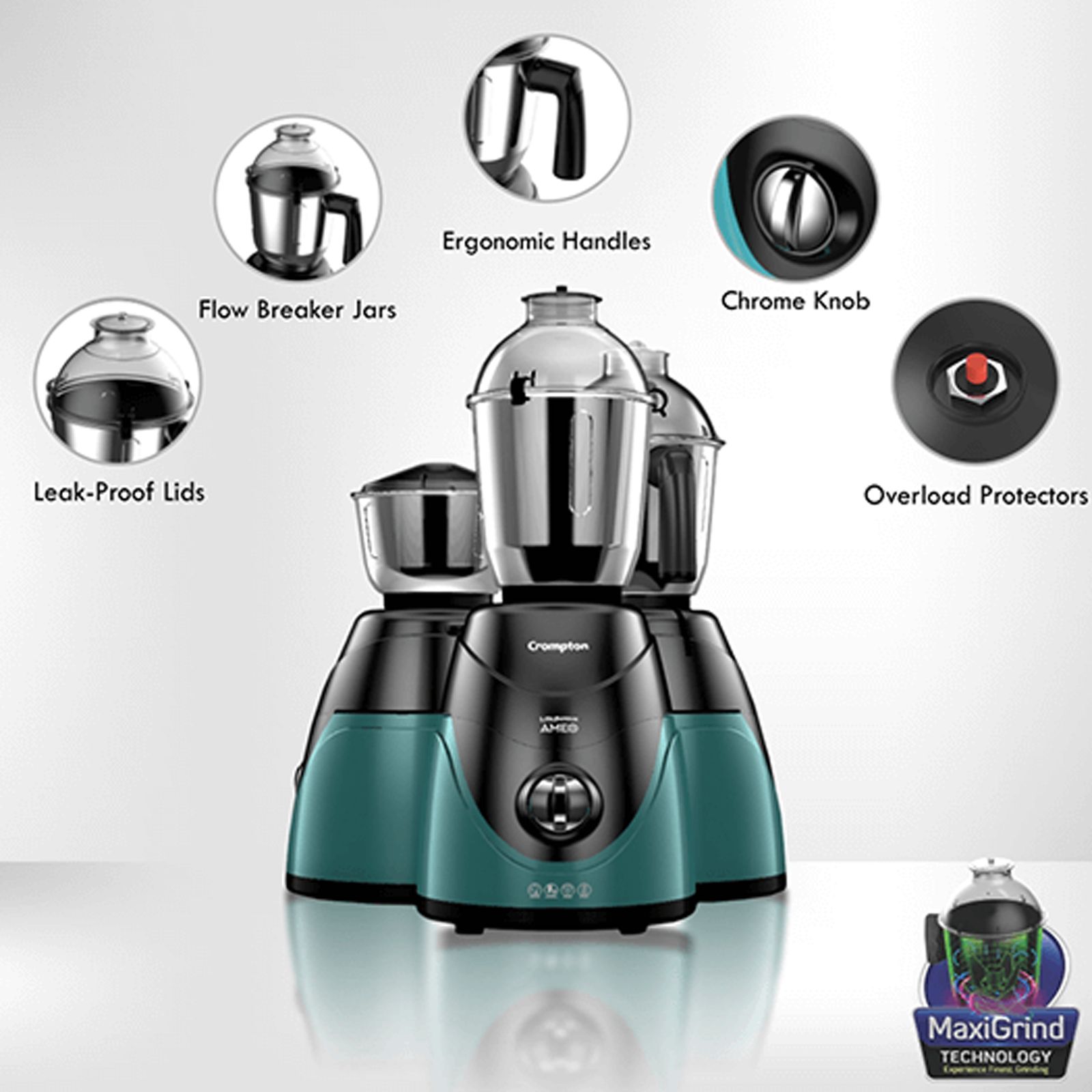 Crompton Ameo 750 Watt 4 Jars Mixer Grinder (MaxiGrind Technology, Black/Green) Crompton Ameo 750 Watt 4 Jars Mixer Grinder (MaxiGrind Technology, Black/Green)_6