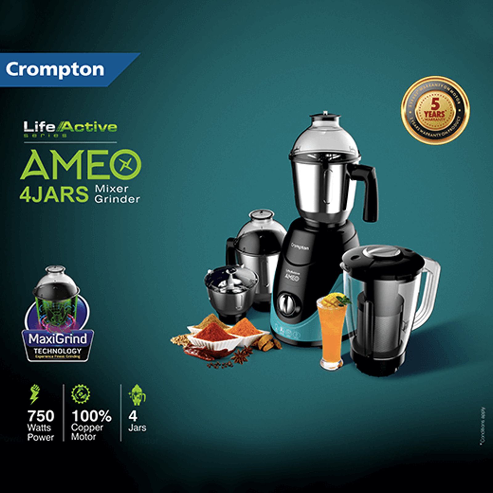 Crompton Ameo 750 Watt 4 Jars Mixer Grinder (MaxiGrind Technology, Black/Green) Crompton Ameo 750 Watt 4 Jars Mixer Grinder (MaxiGrind Technology, Black/Green)_7