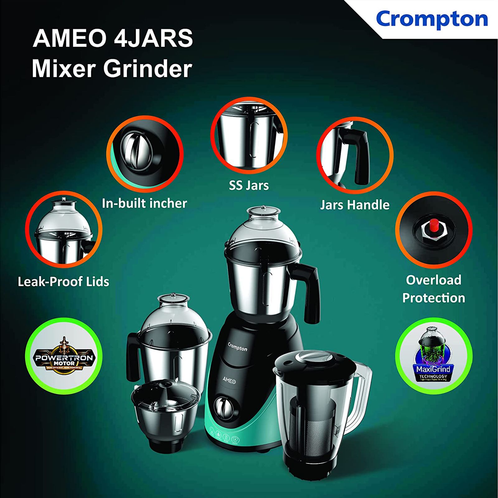 Crompton Ameo 750 Watt 4 Jars Mixer Grinder (MaxiGrind Technology, Black/Green) Crompton Ameo 750 Watt 4 Jars Mixer Grinder (MaxiGrind Technology, Black/Green)_10