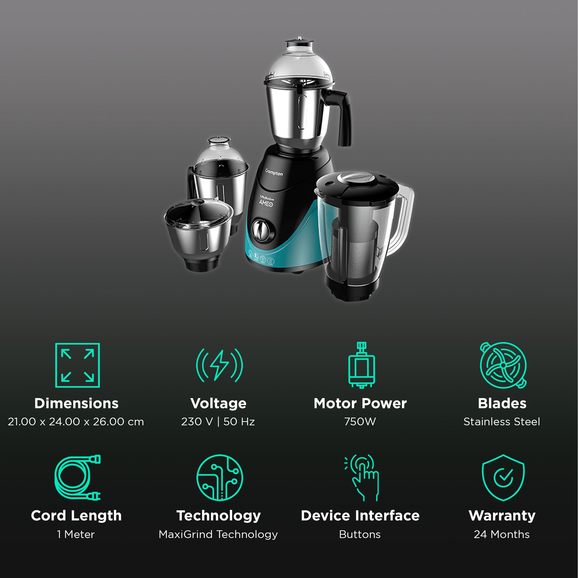 Crompton Ameo 750 Watt 4 Jars Mixer Grinder (MaxiGrind Technology, Black/Green) Crompton Ameo 750 Watt 4 Jars Mixer Grinder (MaxiGrind Technology, Black/Green)_2