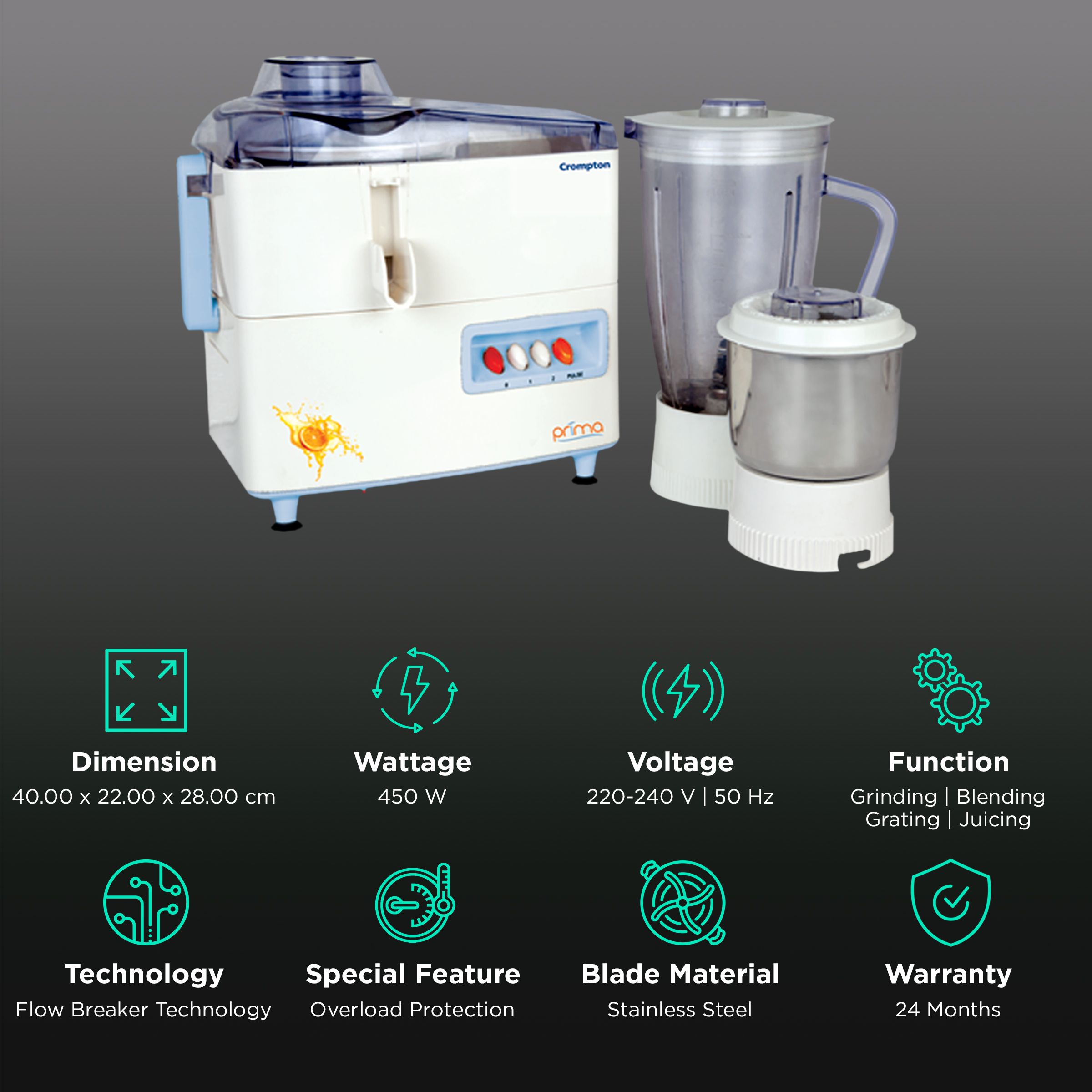 Crompton Prima RJ Plus 450 Watt 2 Jars Juicer Mixer Grinder (Motor Vent-X Technology, White)_2