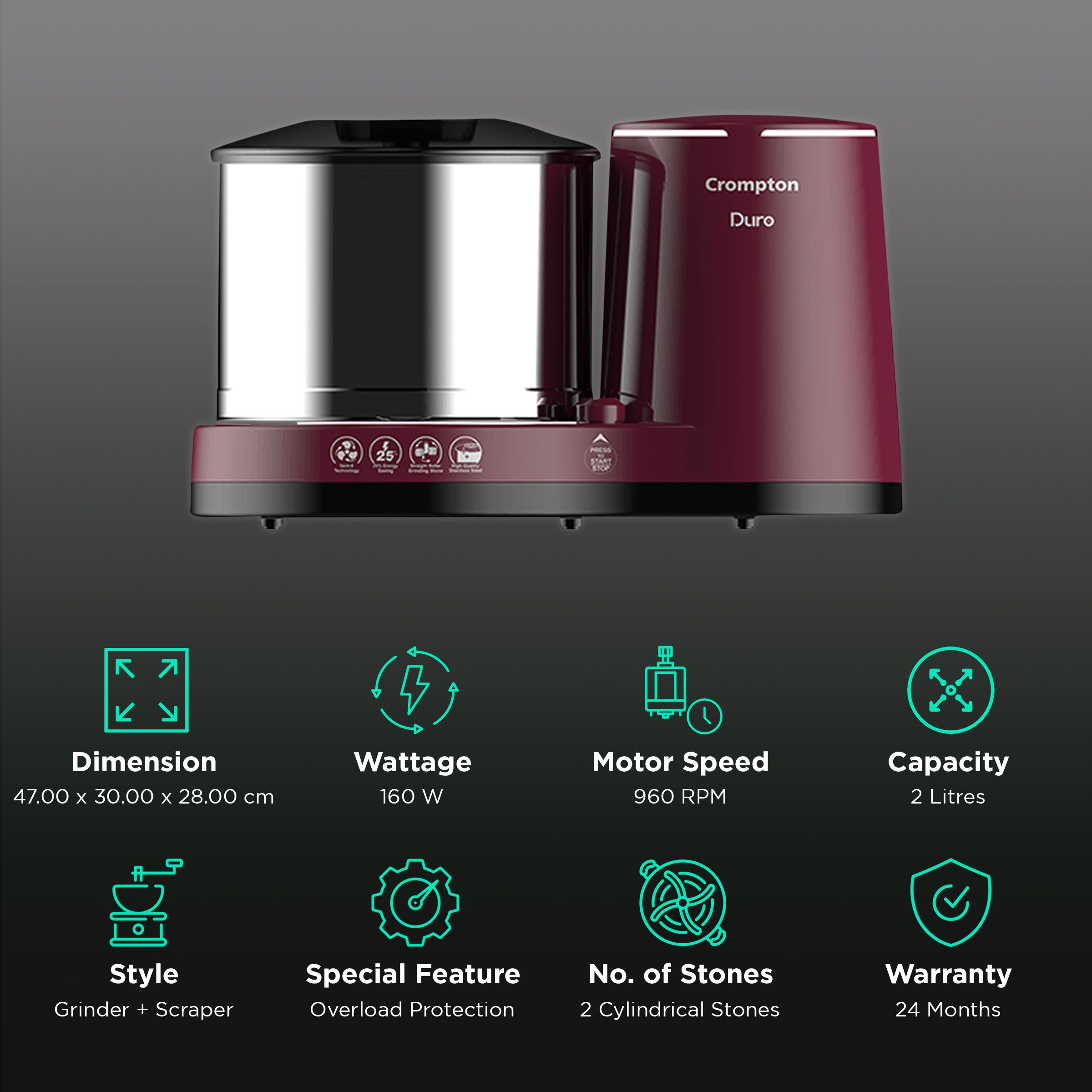 Crompton Duro 2 Litres 2 Stones Wet Grinder with Coconut Scrapper & Atta Kneader (Uniform Grinding Technology, Cherry) Crompton Duro 2 Litres 2 Stones Wet Grinder with Coconut Scrapper & Atta Kneader (Uniform Grinding Technology, Cherry)_2